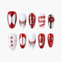 Handmade press-on nails set with red, white, and silver designs, bows, and number 7 accents.