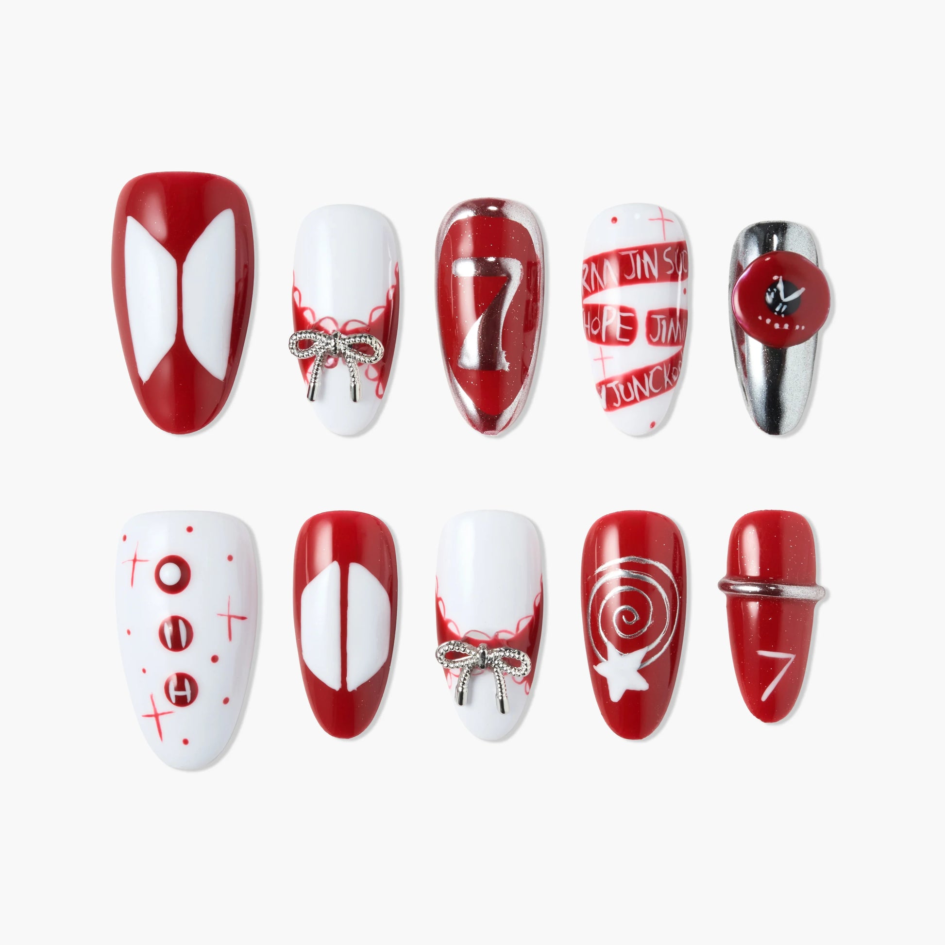 Handmade press-on nails set with red, white, and silver designs, bows, and number 7 accents.