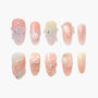 Handmade pink and nude press-on nails with 3D floral and gemstone designs