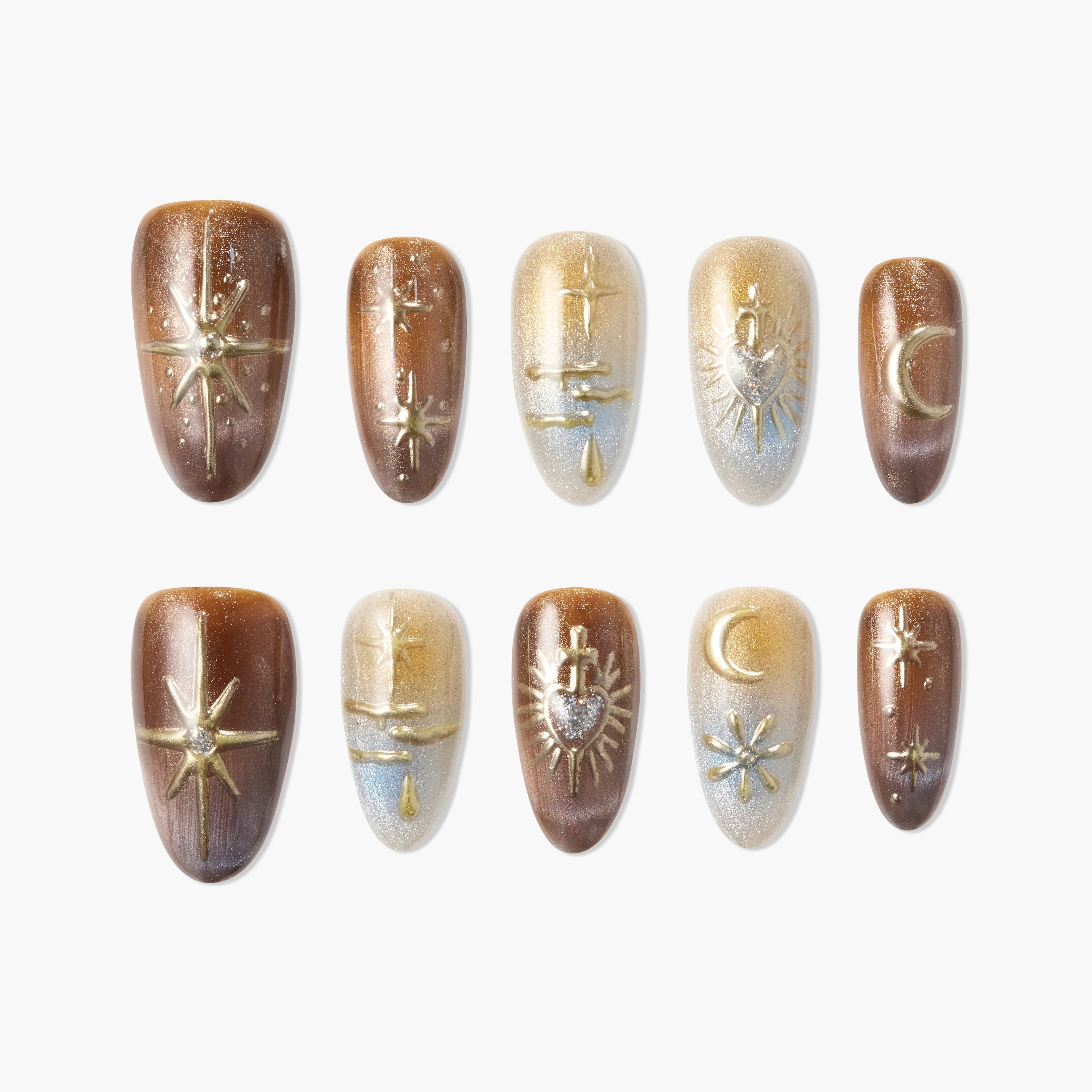 Handmade press-on nails with brown and gold celestial designs, stars, moons, and hearts