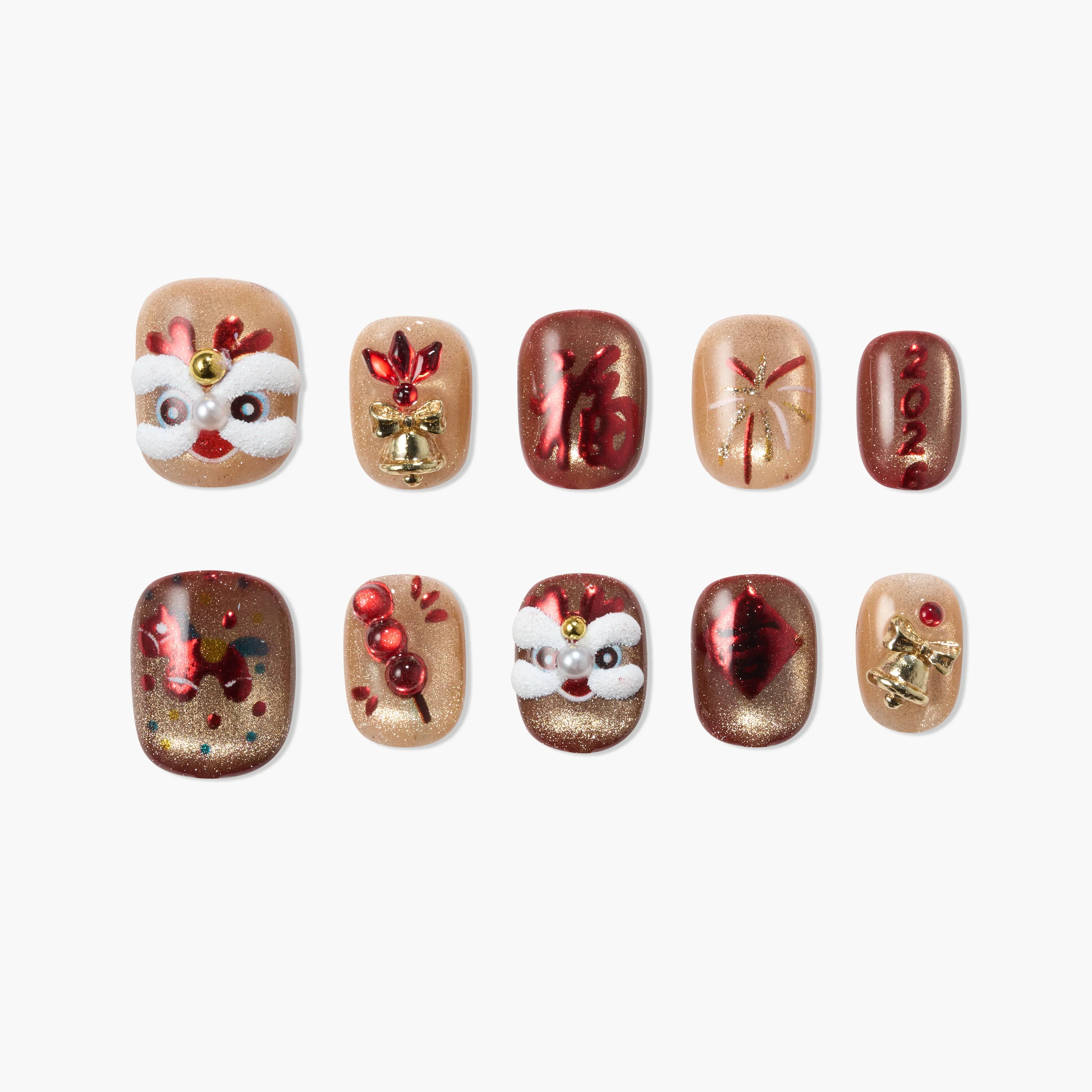 Handmade press-on nails with red and gold festive designs, lion heads, and 3D embellishments