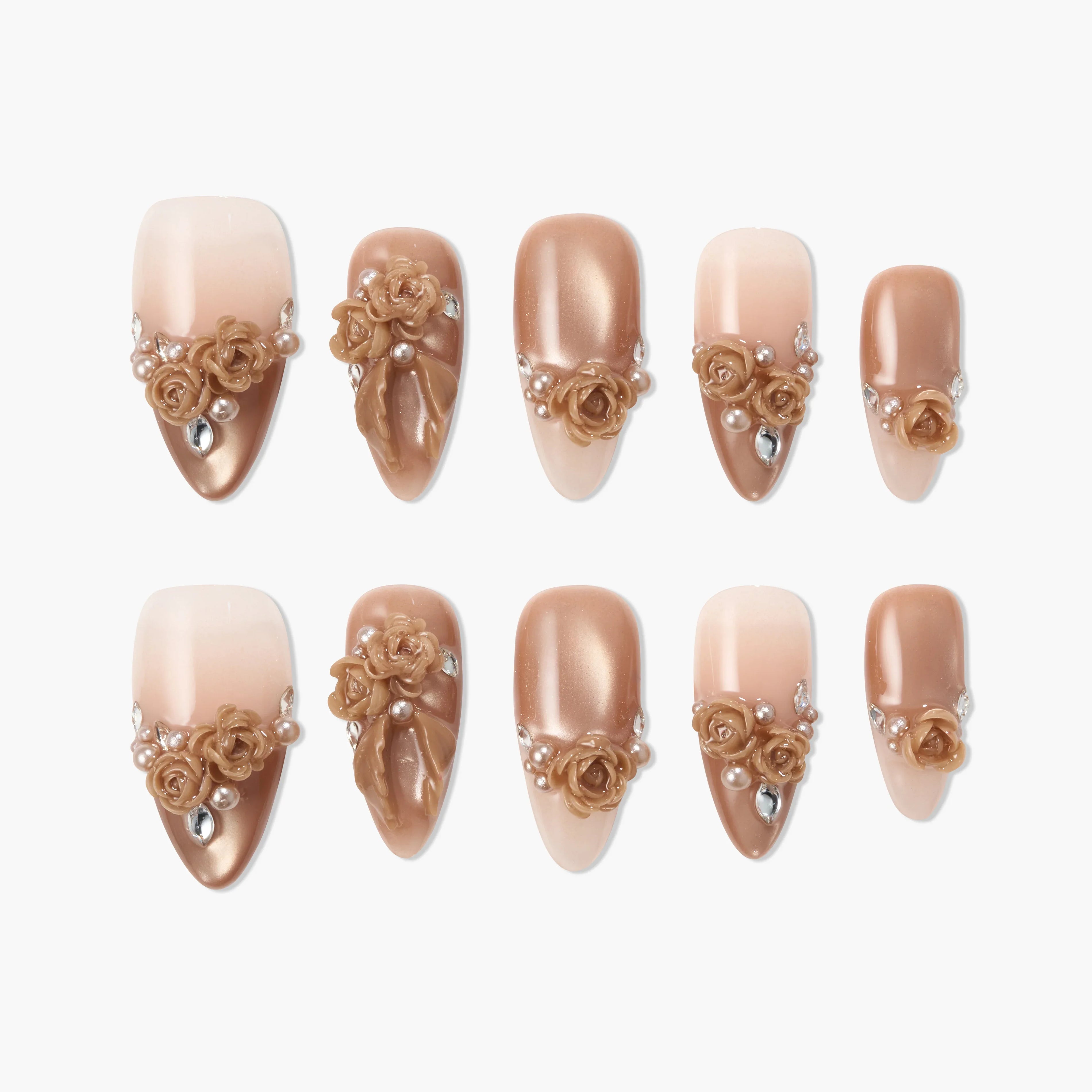 Handmade press-on nails with brown ombre, 3D floral roses, pearls, and gem accents.