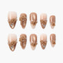 Handmade press-on nails with brown ombre, 3D floral roses, pearls, and gem accents.