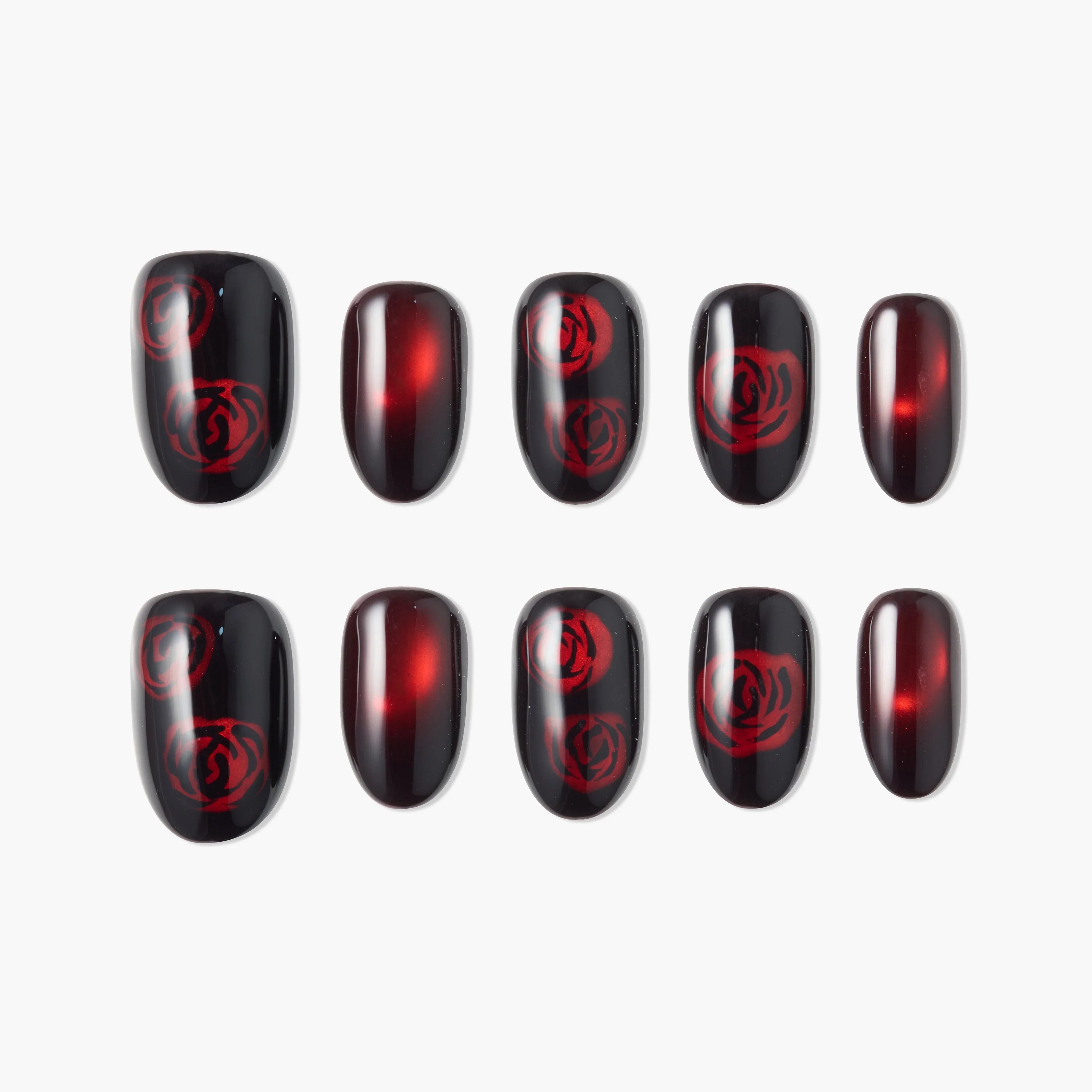 Black and red press-on nails with red rose designs and glossy finish, displayed on white background.