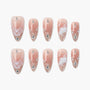 Handmade press-on nails in blush pink with lace, rhinestones, pearls, and 3D floral accents