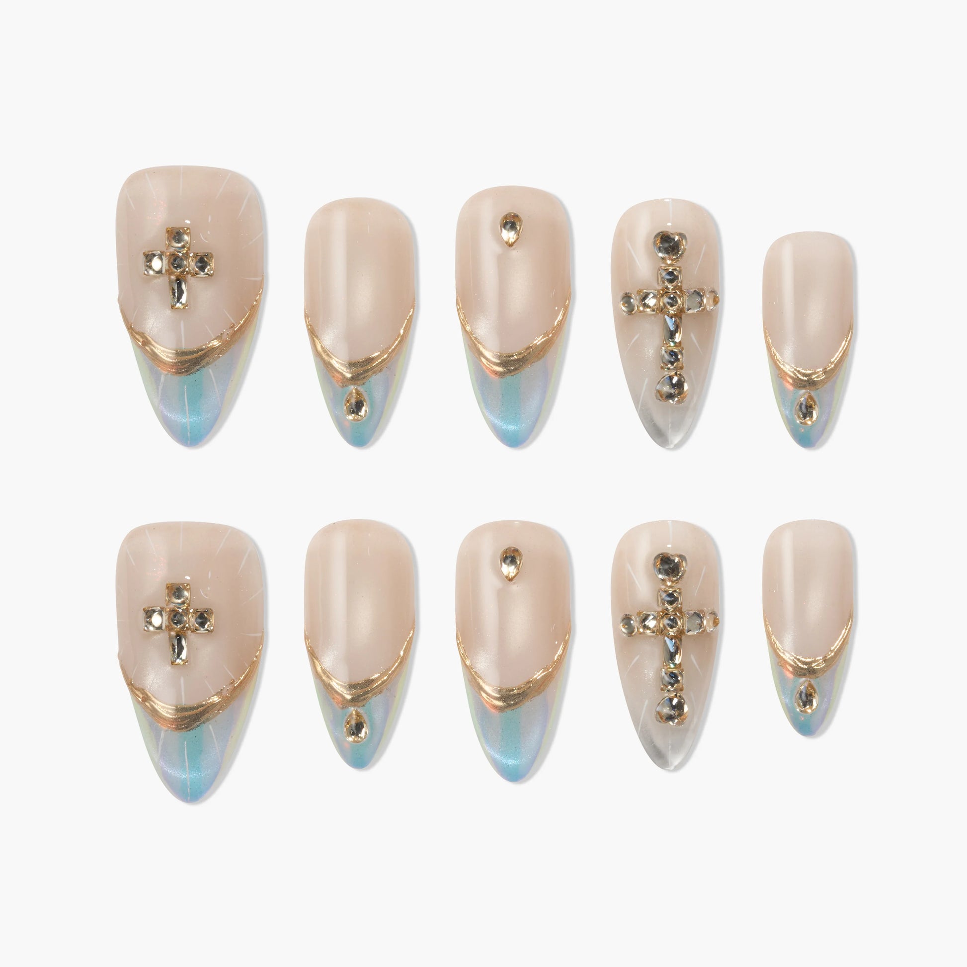 Beige and blue press-on nails with gold accents and rhinestone cross designs, set of ten