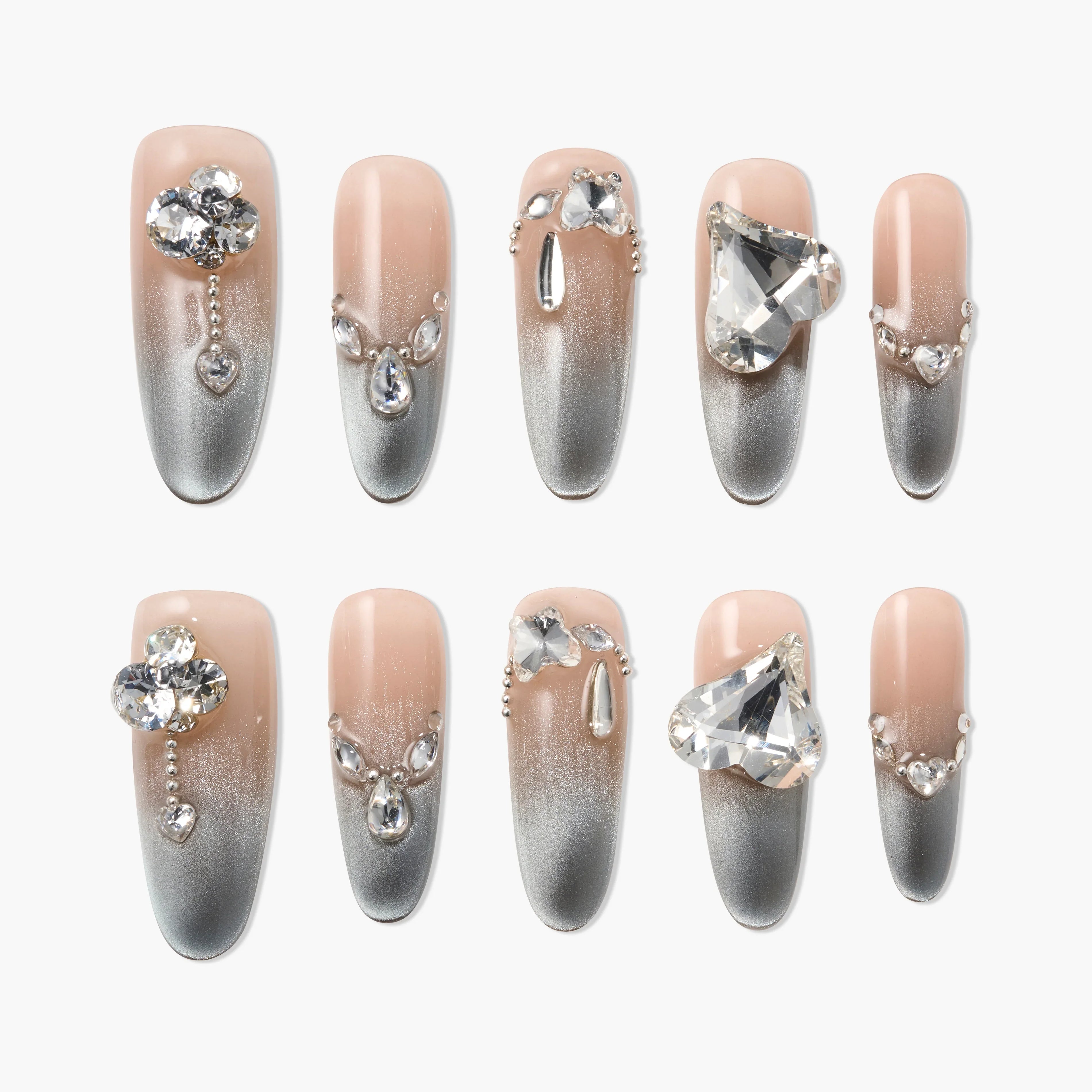 Ombre silver and nude press-on nails with rhinestone and crystal gem accents