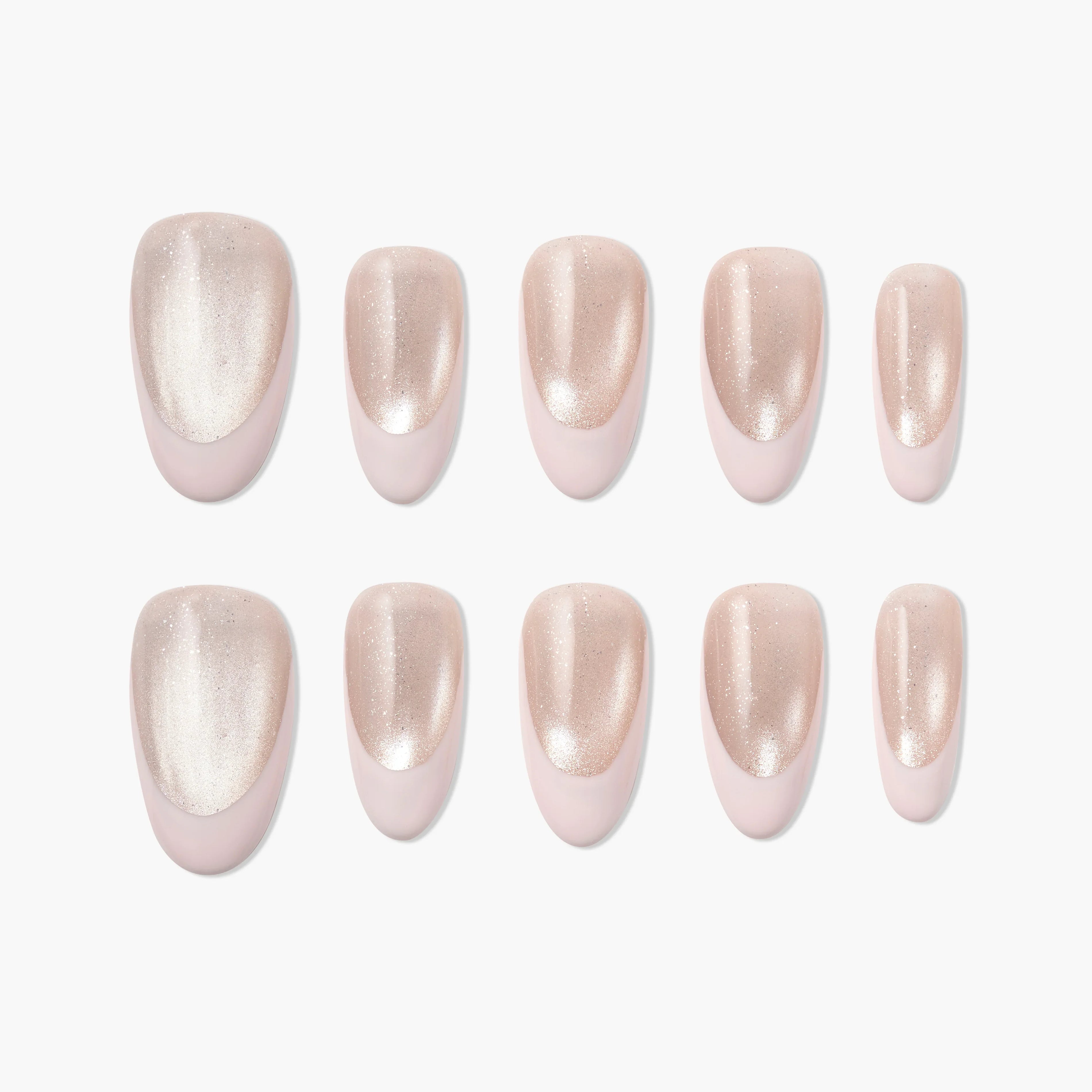 Set of pink shimmer press-on nails with glossy, salon-quality finish on white background