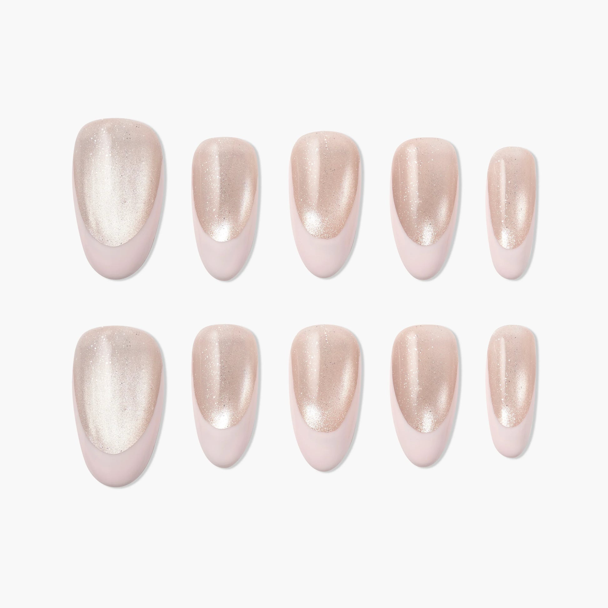 Set of pink shimmer press-on nails with glossy, salon-quality finish on white background