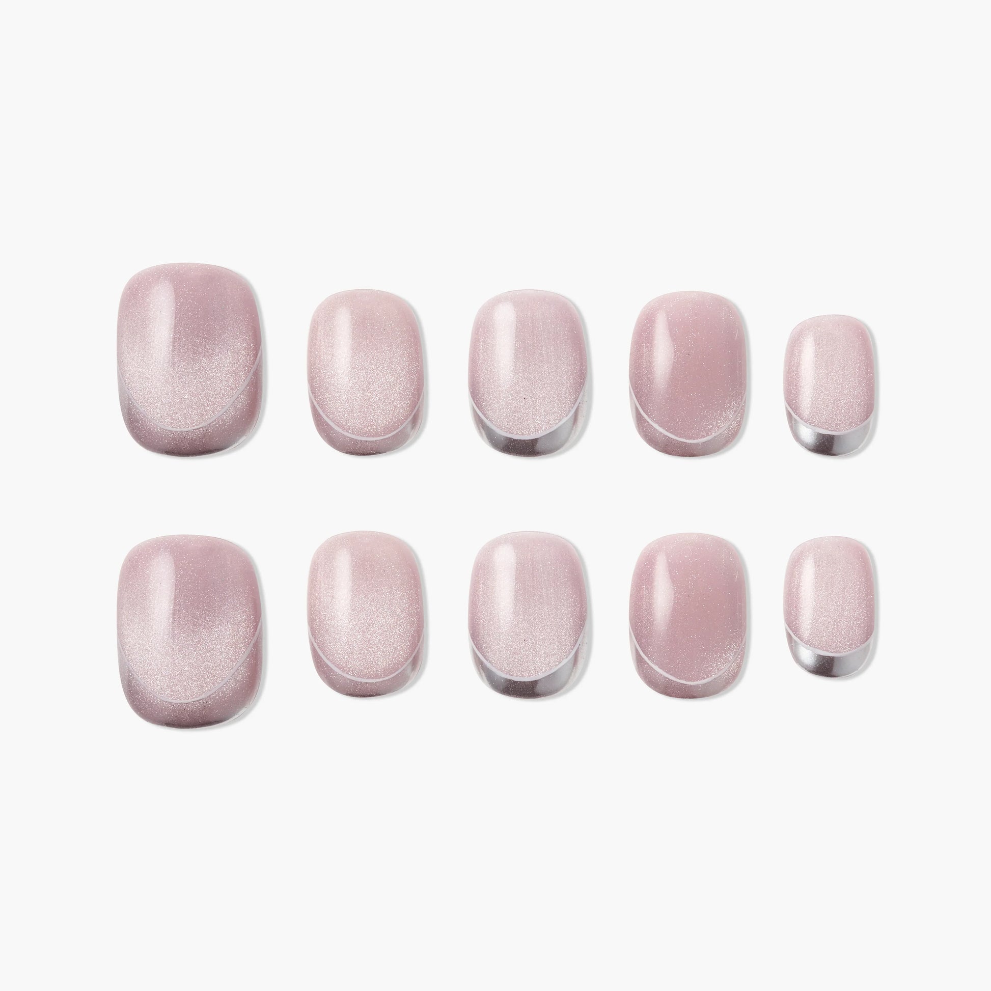 Set of glossy pink handmade press-on nails with subtle shimmer and curved accent tips