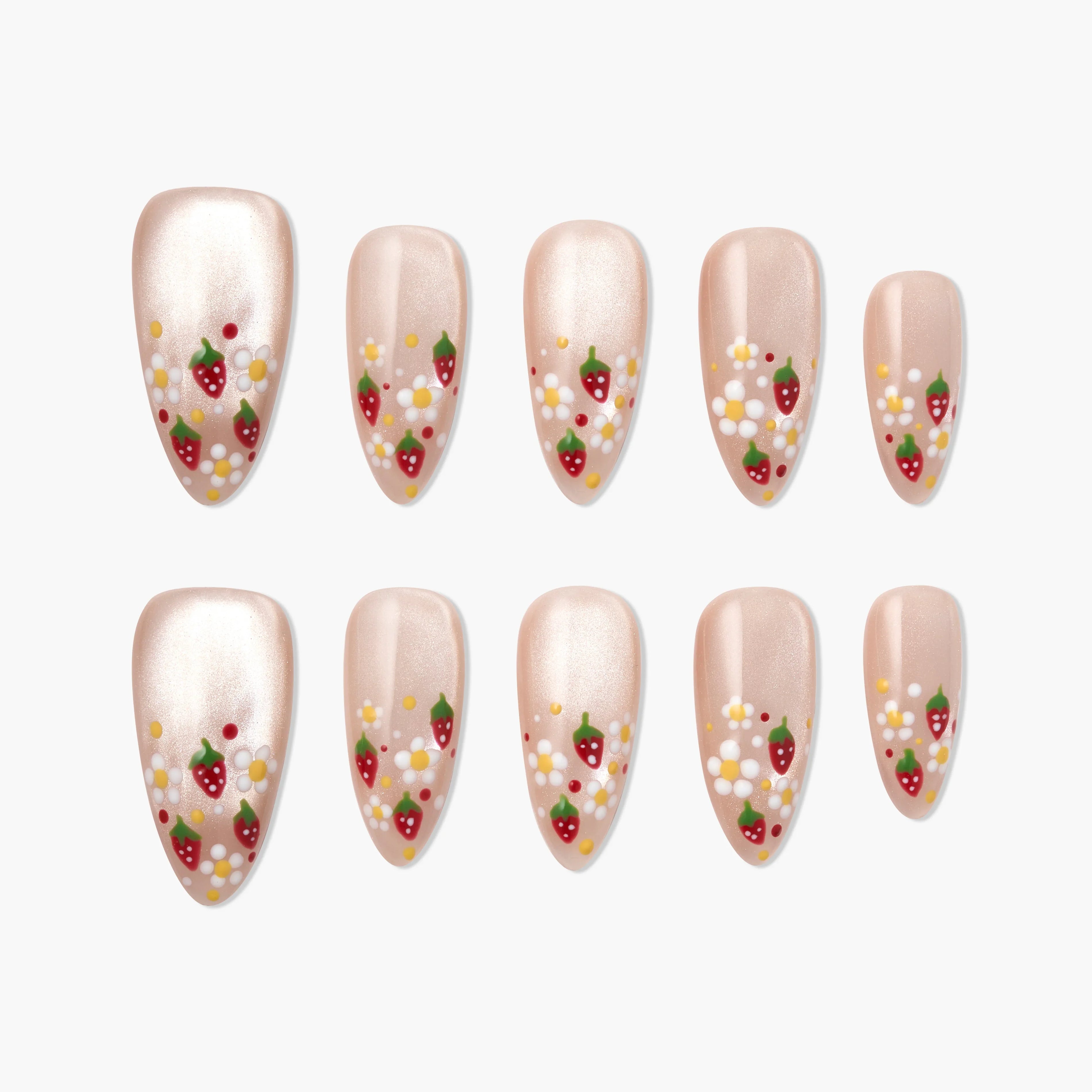 Handmade press-on nails with nude base, strawberry and flower nail art design, arranged on white background