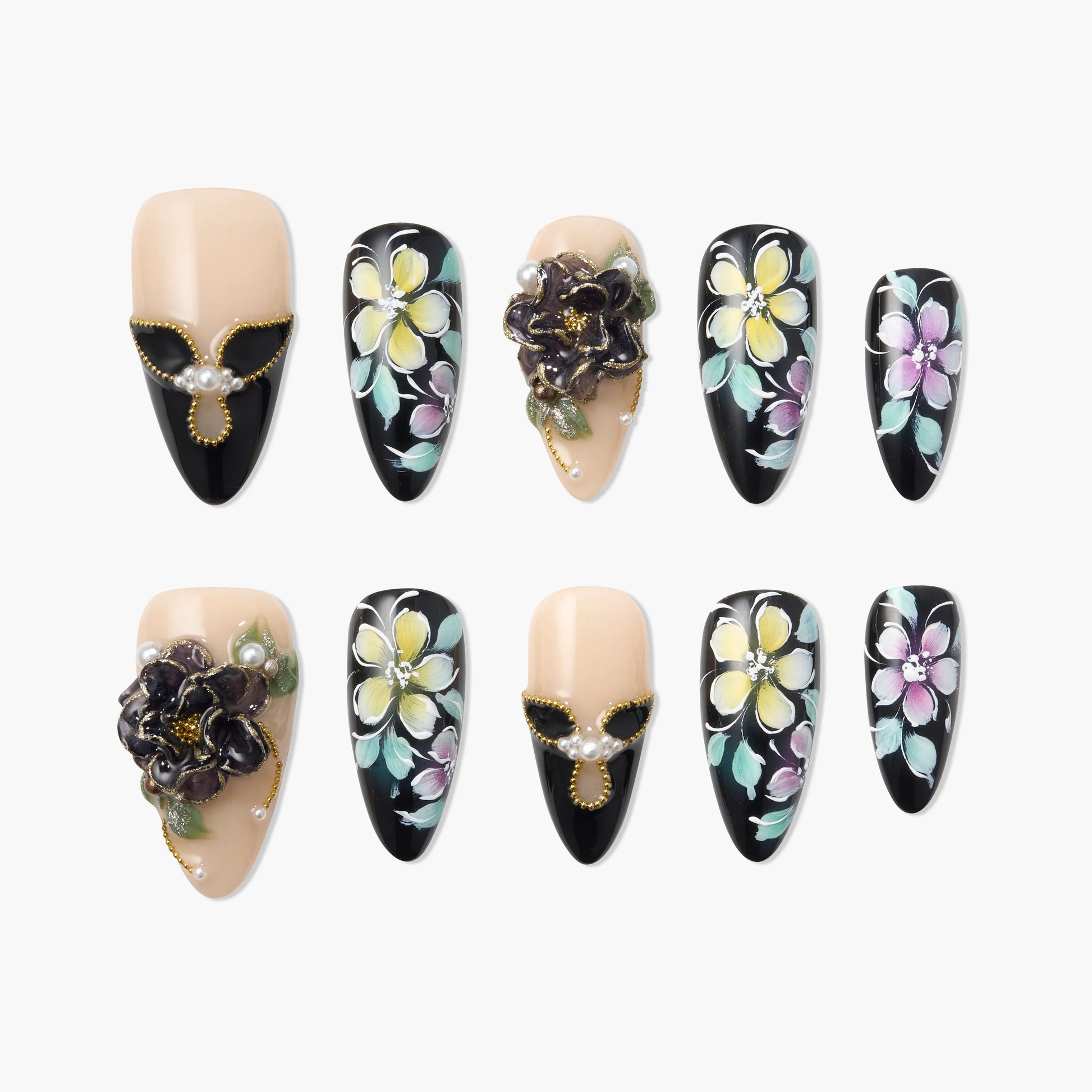 Handmade press-on nails with 3D floral designs, black and nude colors, pearl accents