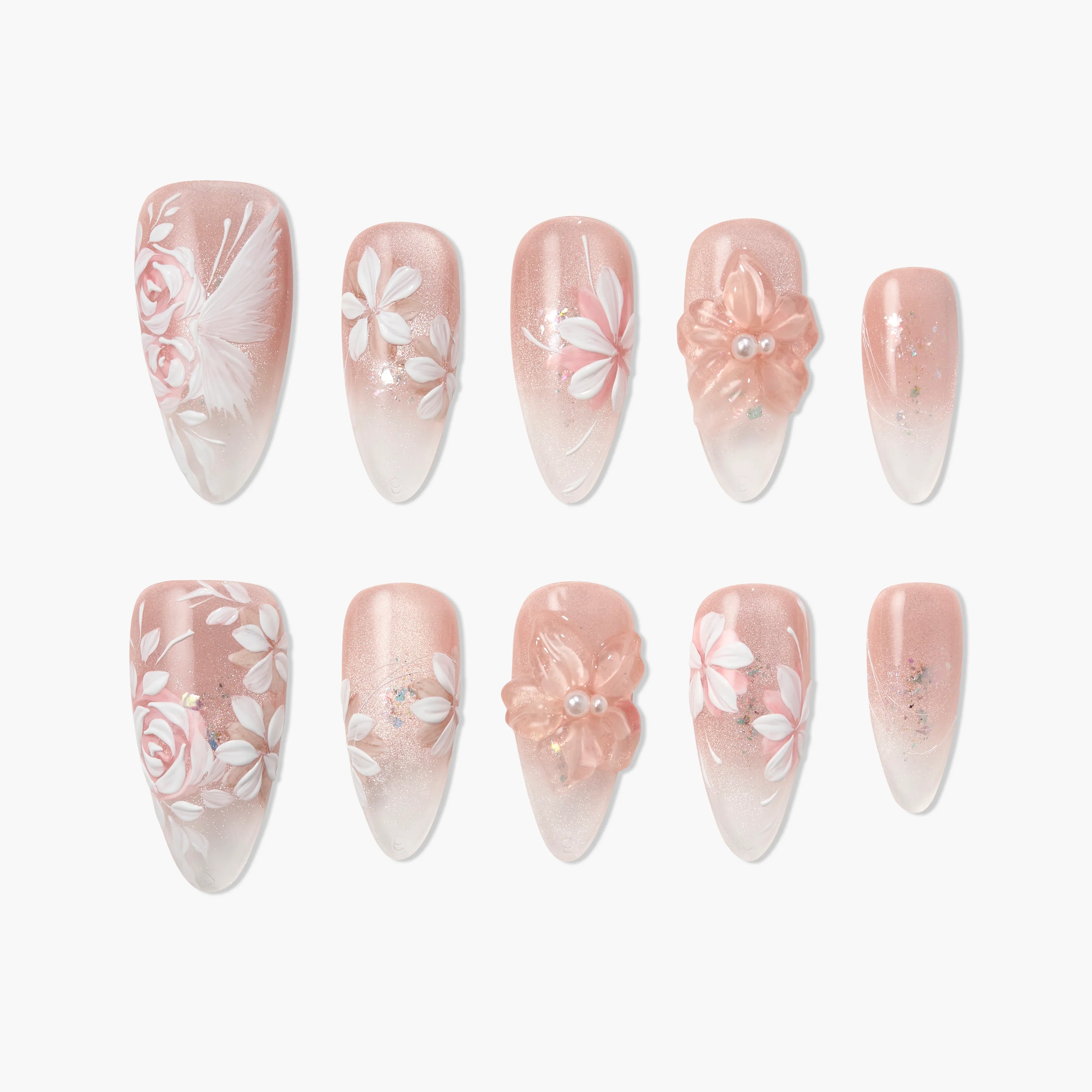 Pink floral press-on nails with 3D flower accents and delicate white painted designs