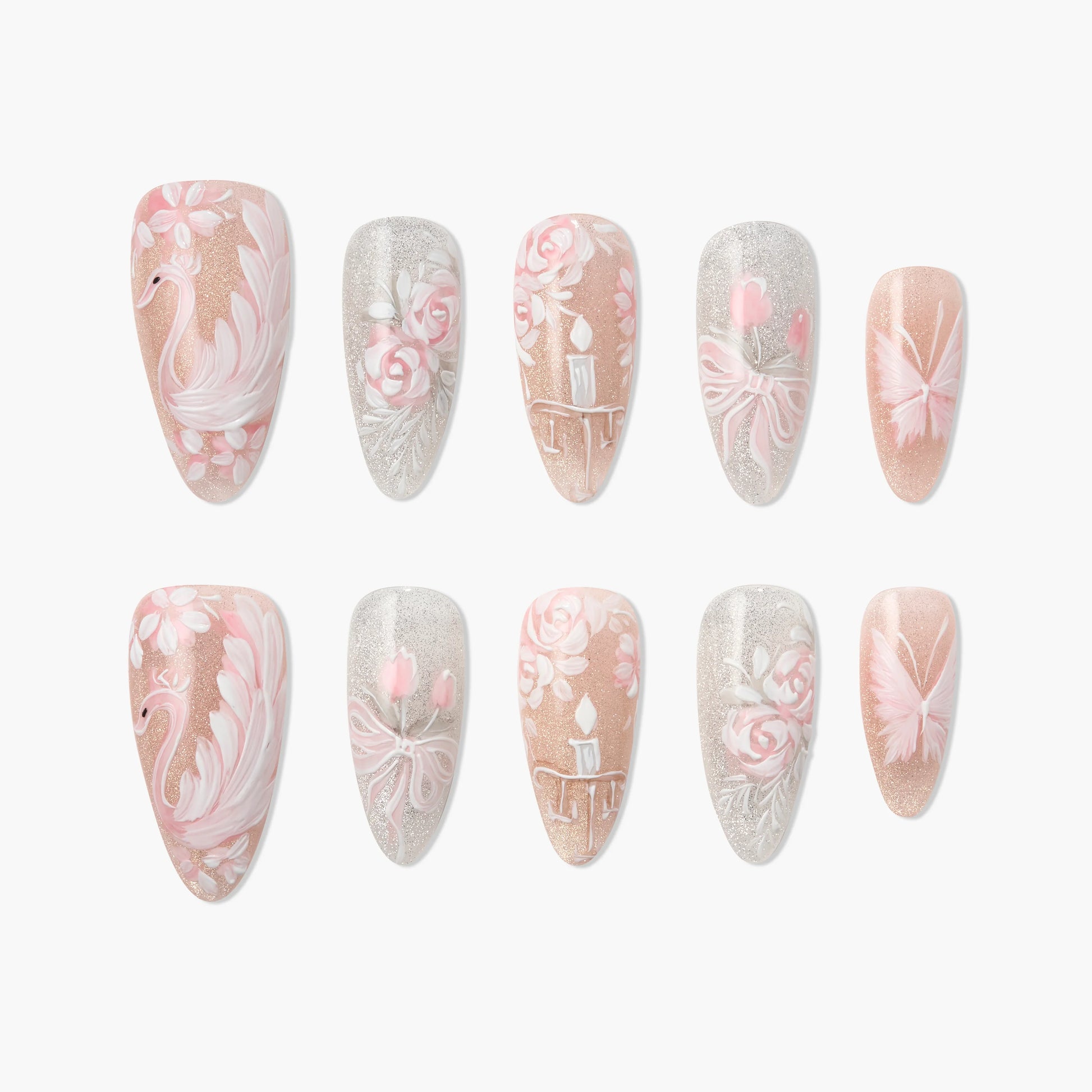 Handmade press-on nails with pink and white swan, floral, candle, bow, and butterfly designs