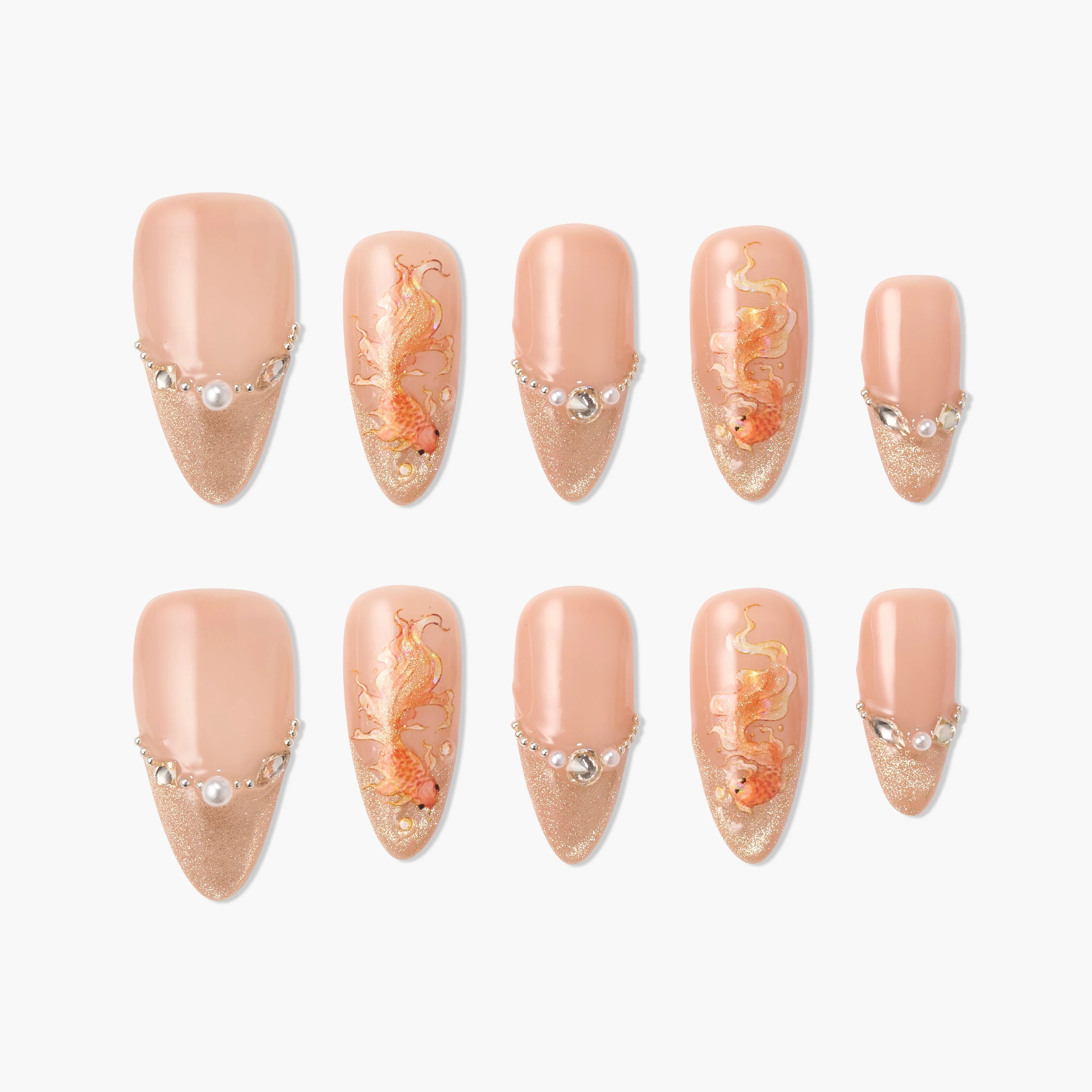 Handmade press-on nails with nude base, gold glitter tips, pearl accents, and orange floral art.