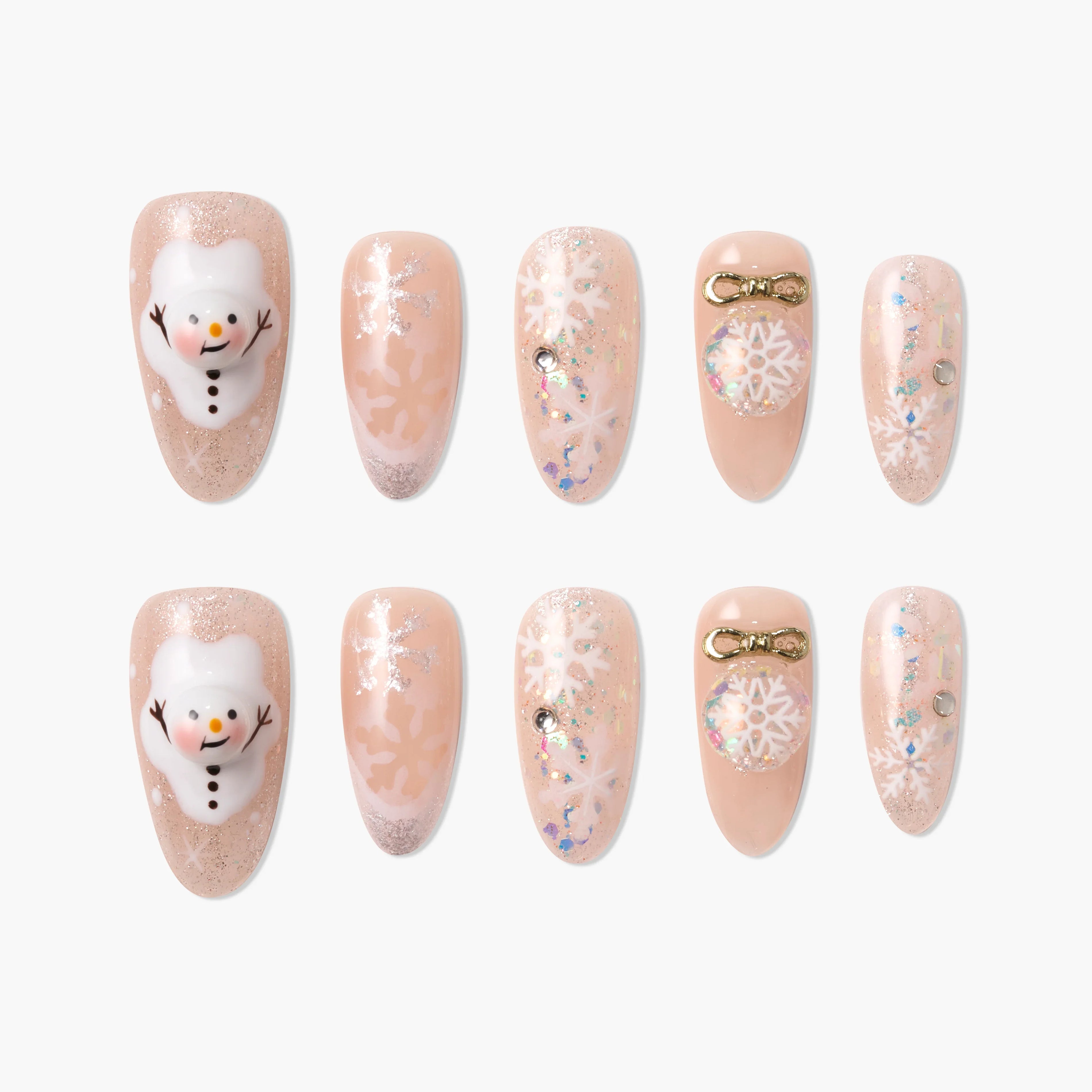 Handmade press-on nails with snowman, snowflake designs, rhinestones, and gold bow accents