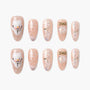 Handmade press-on nails with snowman, snowflake designs, rhinestones, and gold bow accents