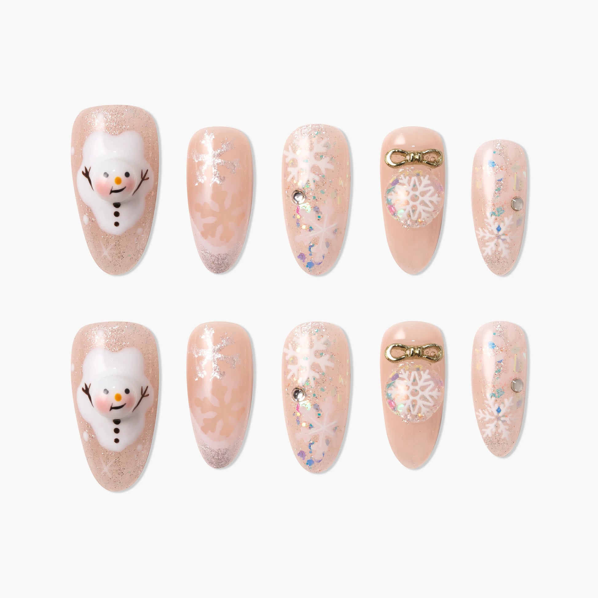 Handmade press-on nails with snowman, snowflake designs, rhinestones, and gold bow accents