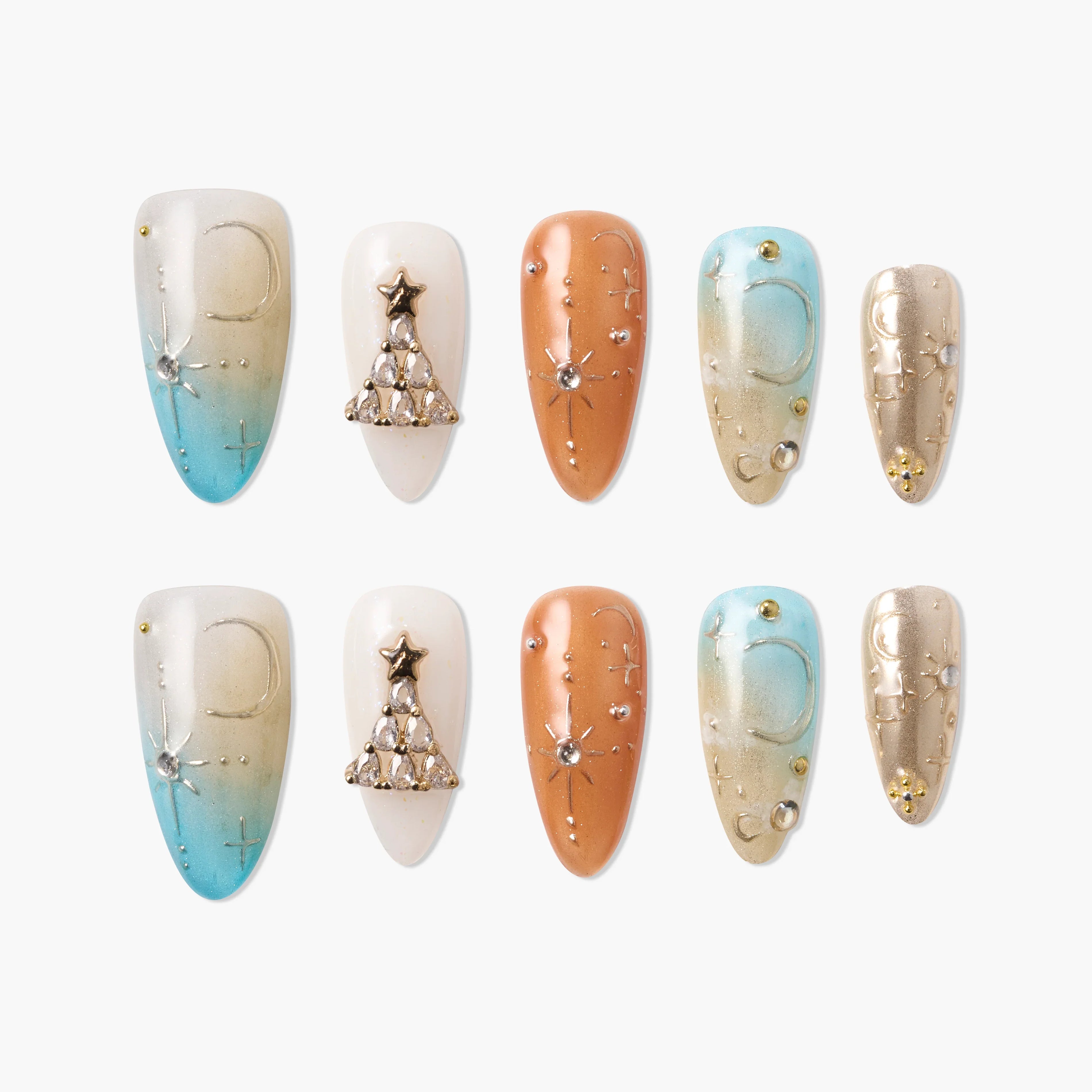 Handmade press-on nails with festive designs, rhinestone accents, ombré blue, gold, and orange tones