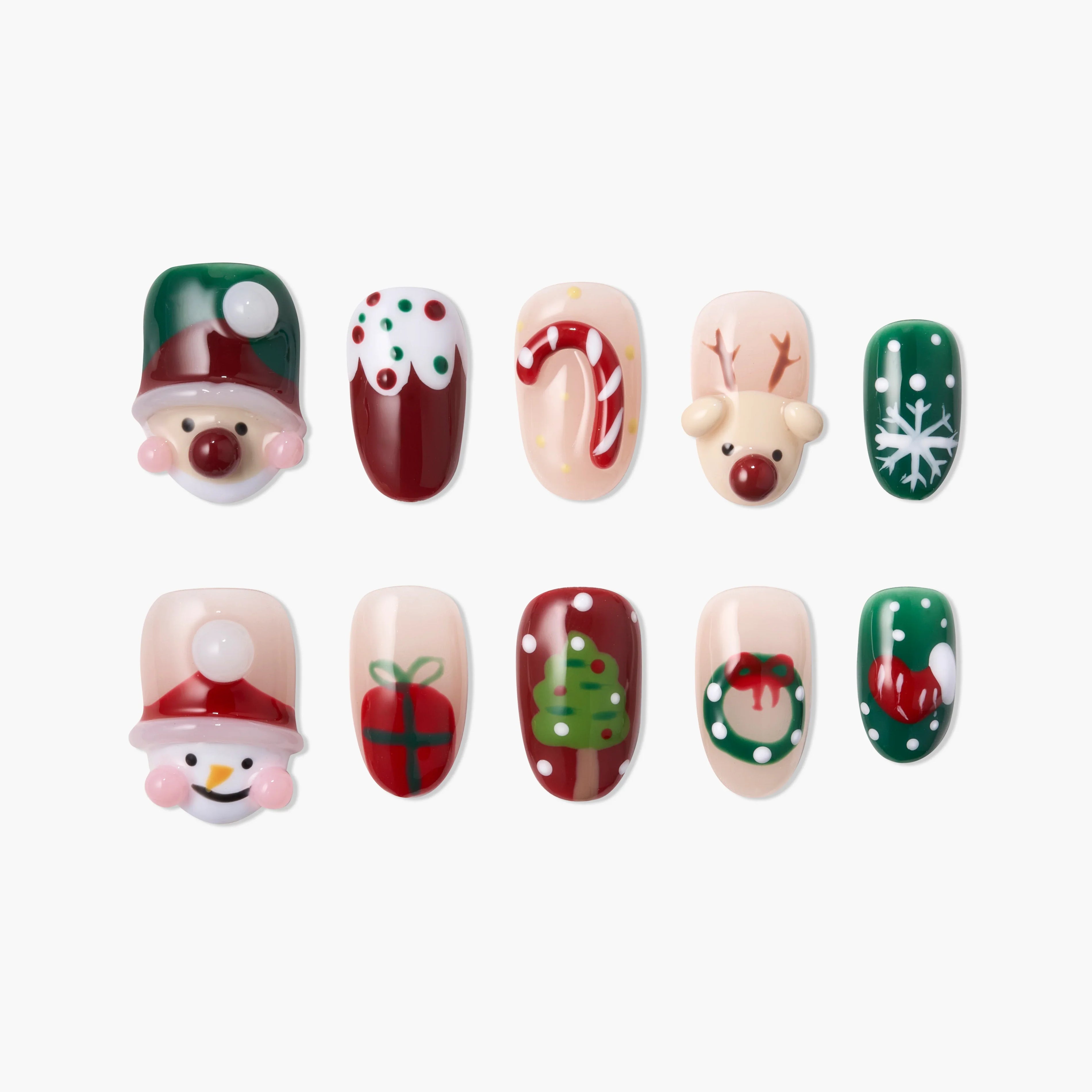 Christmas press-on nails featuring Santa, snowman, reindeer, wreath, and holiday designs