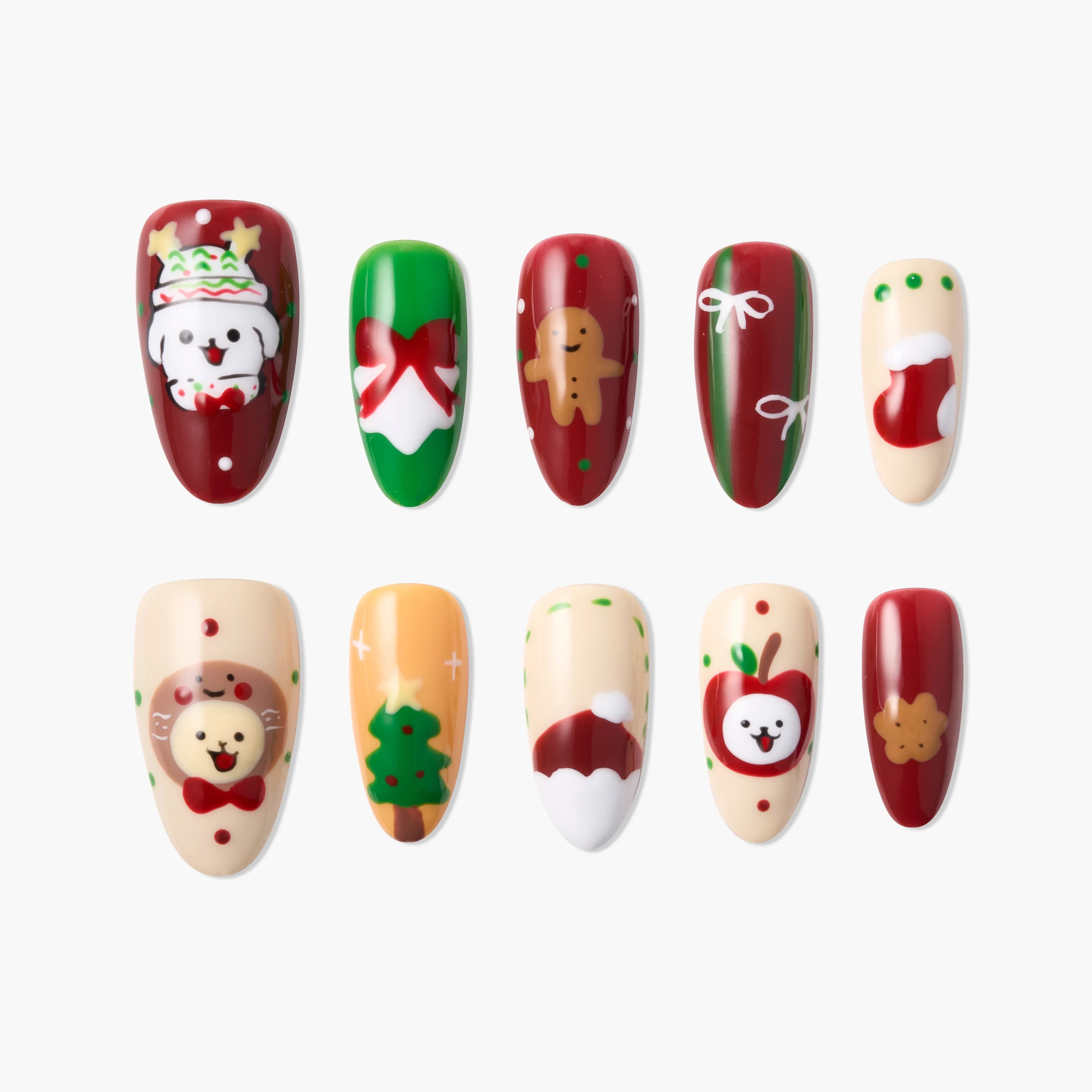 Christmas press-on nails with festive designs like Santa, stockings, reindeer, and trees