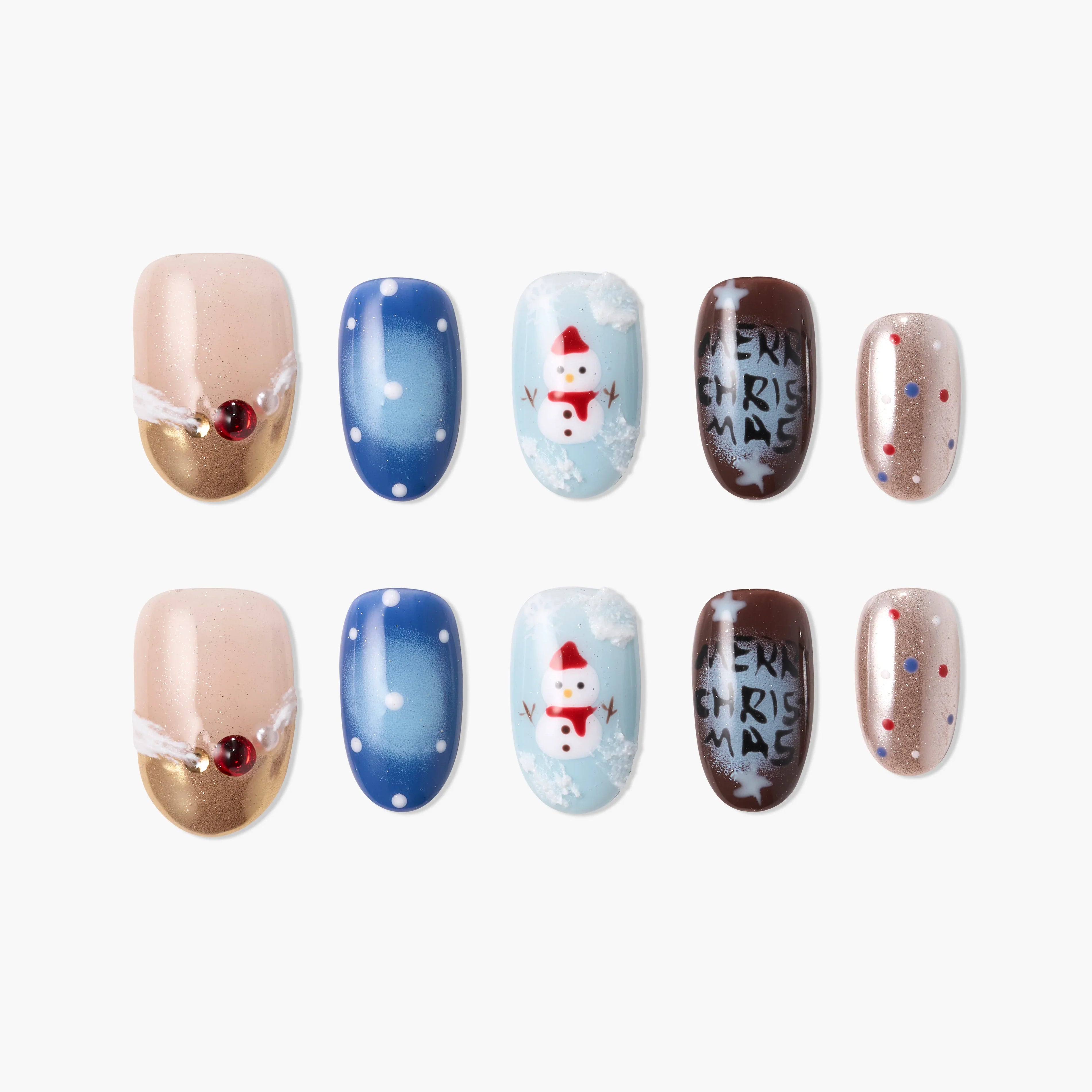 Christmas-themed press-on nails set with snowman, festive colors, and merry text designs