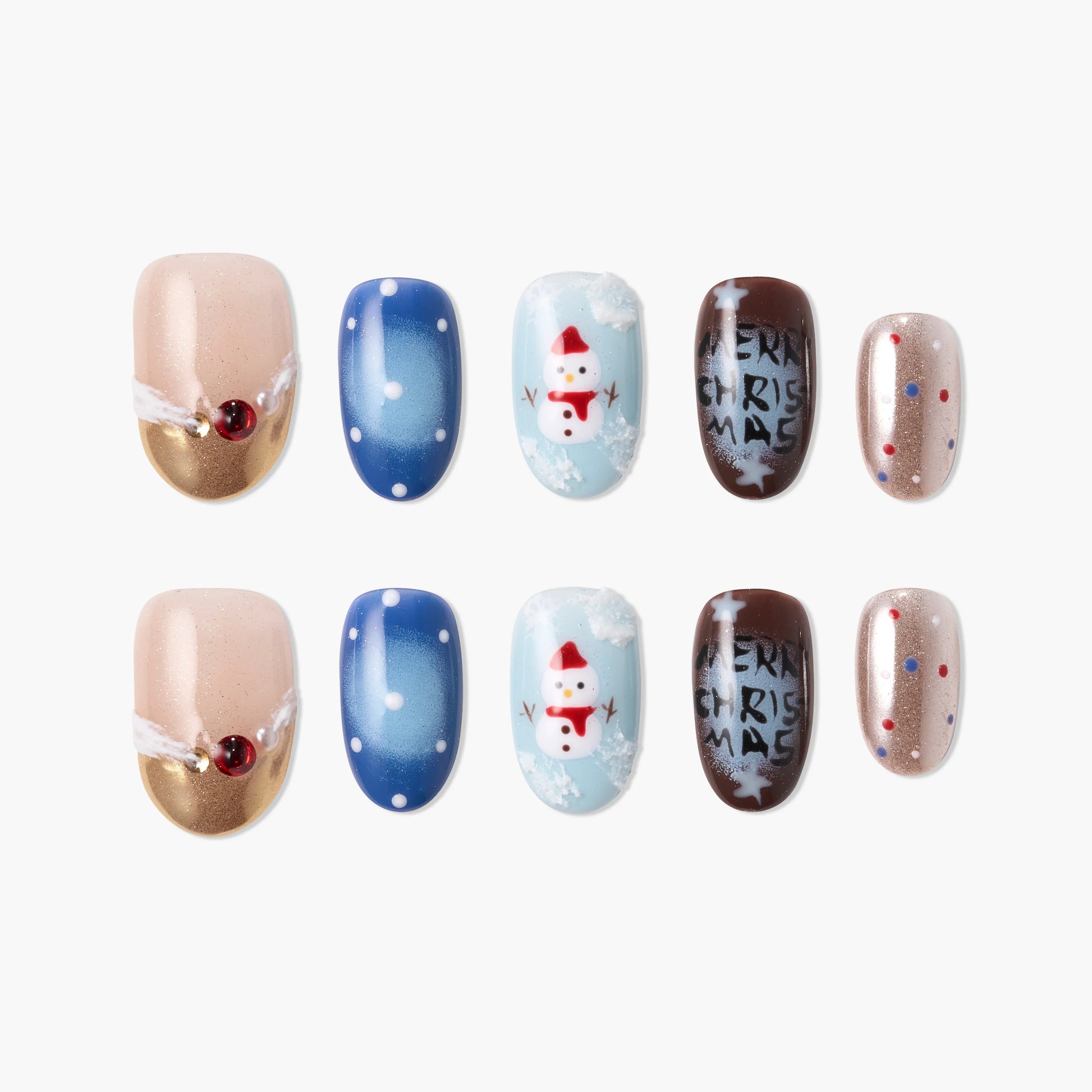 Christmas-themed press-on nails set with snowman, festive colors, and merry text designs