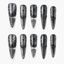Set of black and silver glitter press-on nails with cross and starburst designs, long stiletto shape