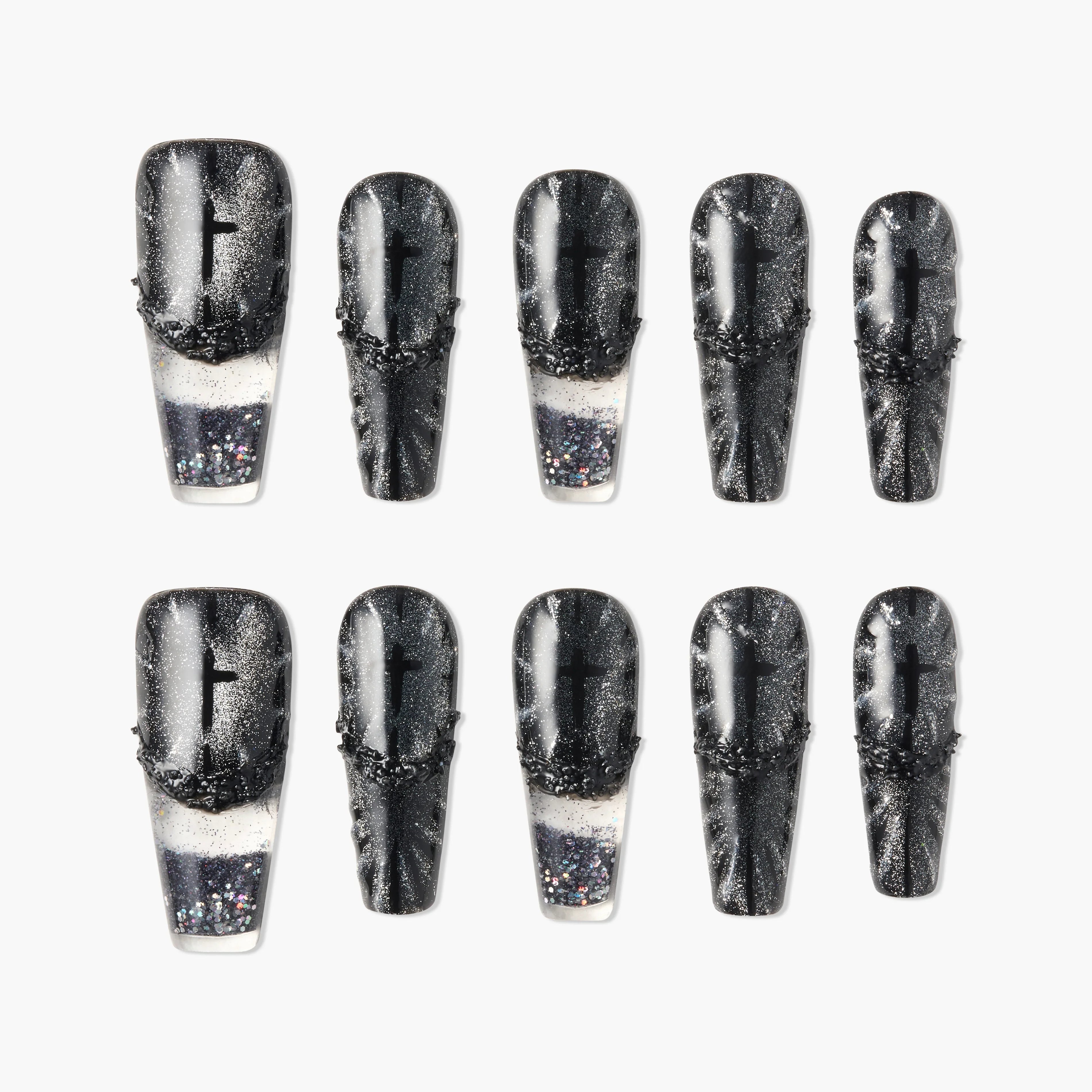 Set of black and silver glitter press-on nails with textured and ombre design on white background.