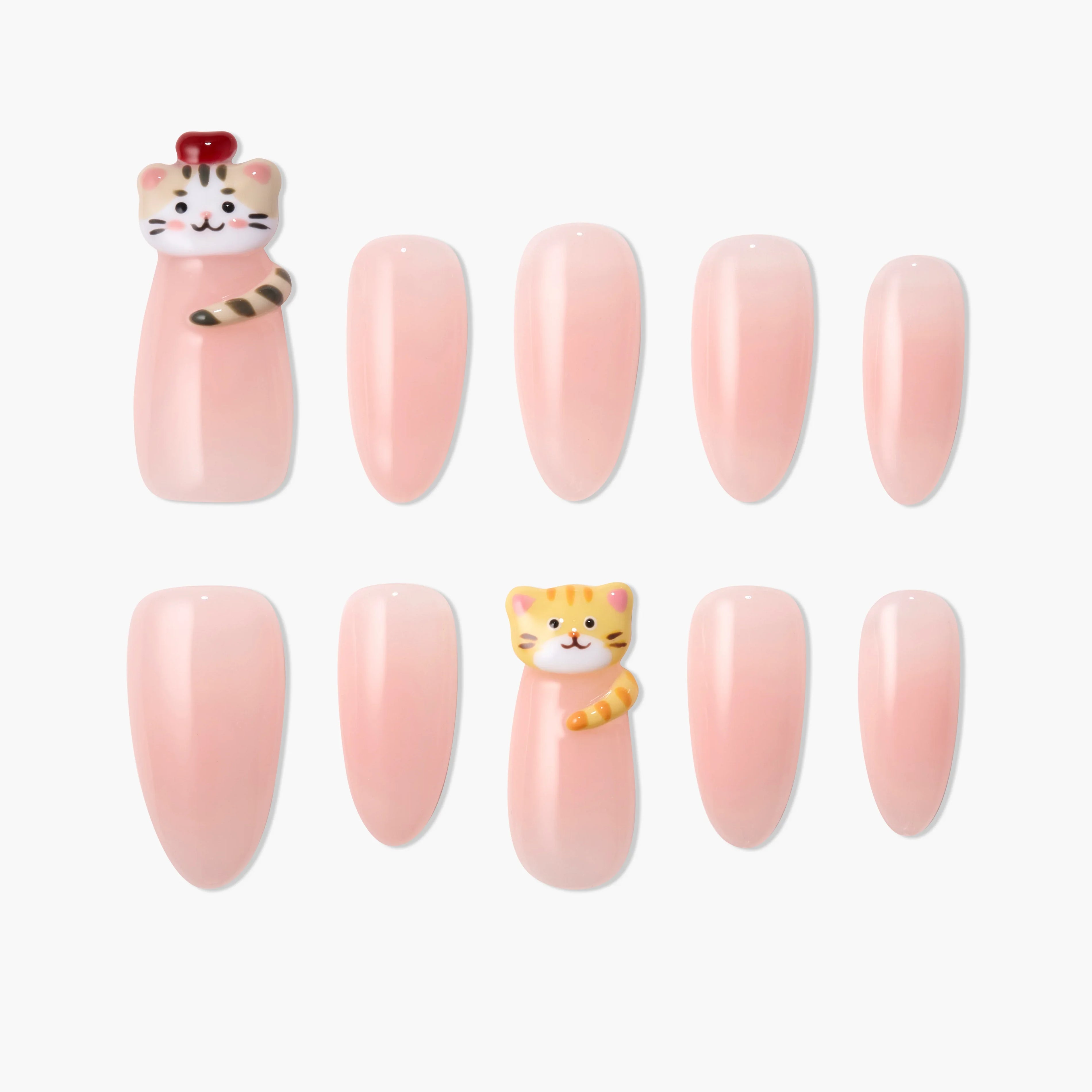 Handmade pink press-on nails set with cute 3D cat designs and glossy finish, reusable