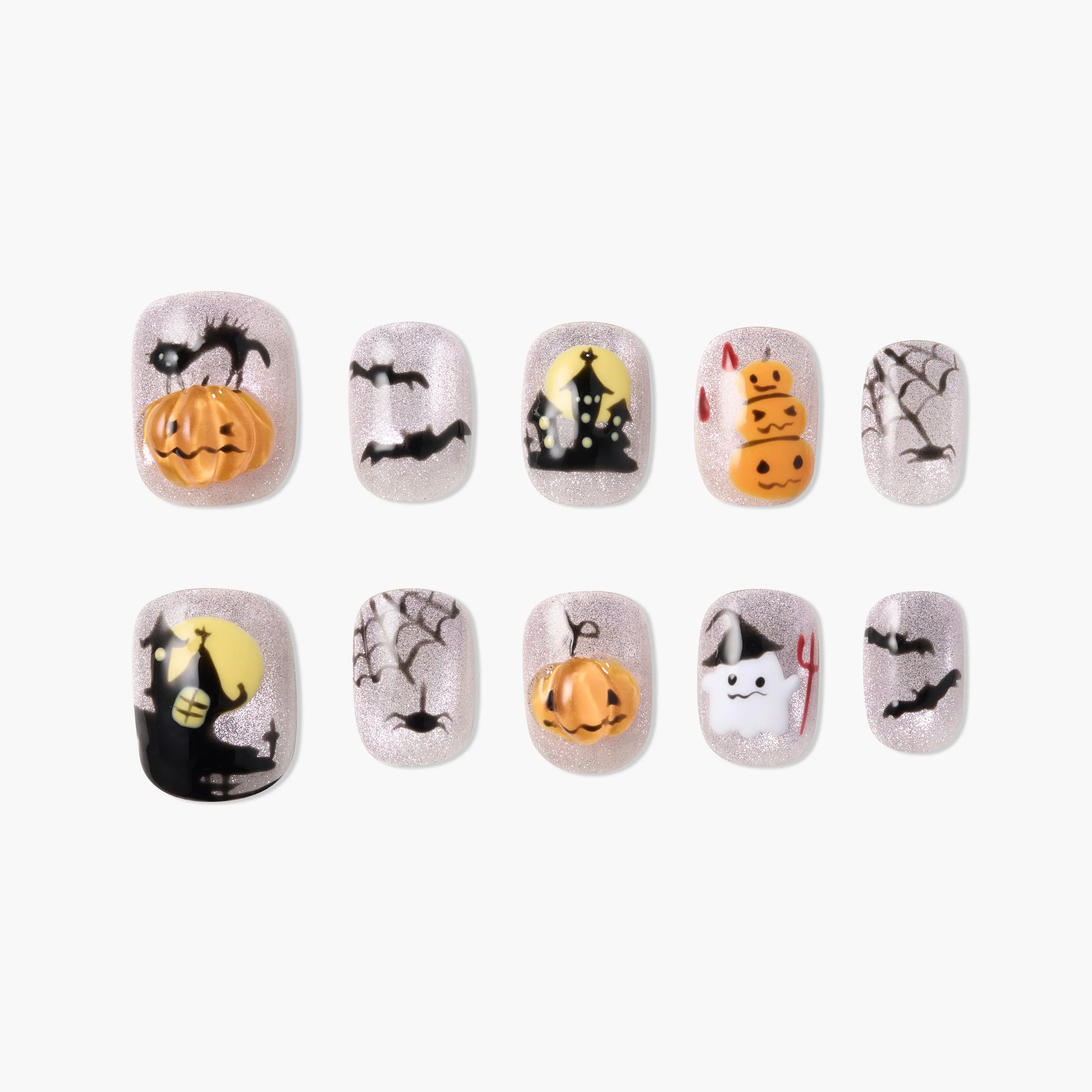 Halloween press-on nails with pumpkins, bats, spiderwebs, haunted house, and cute ghost designs