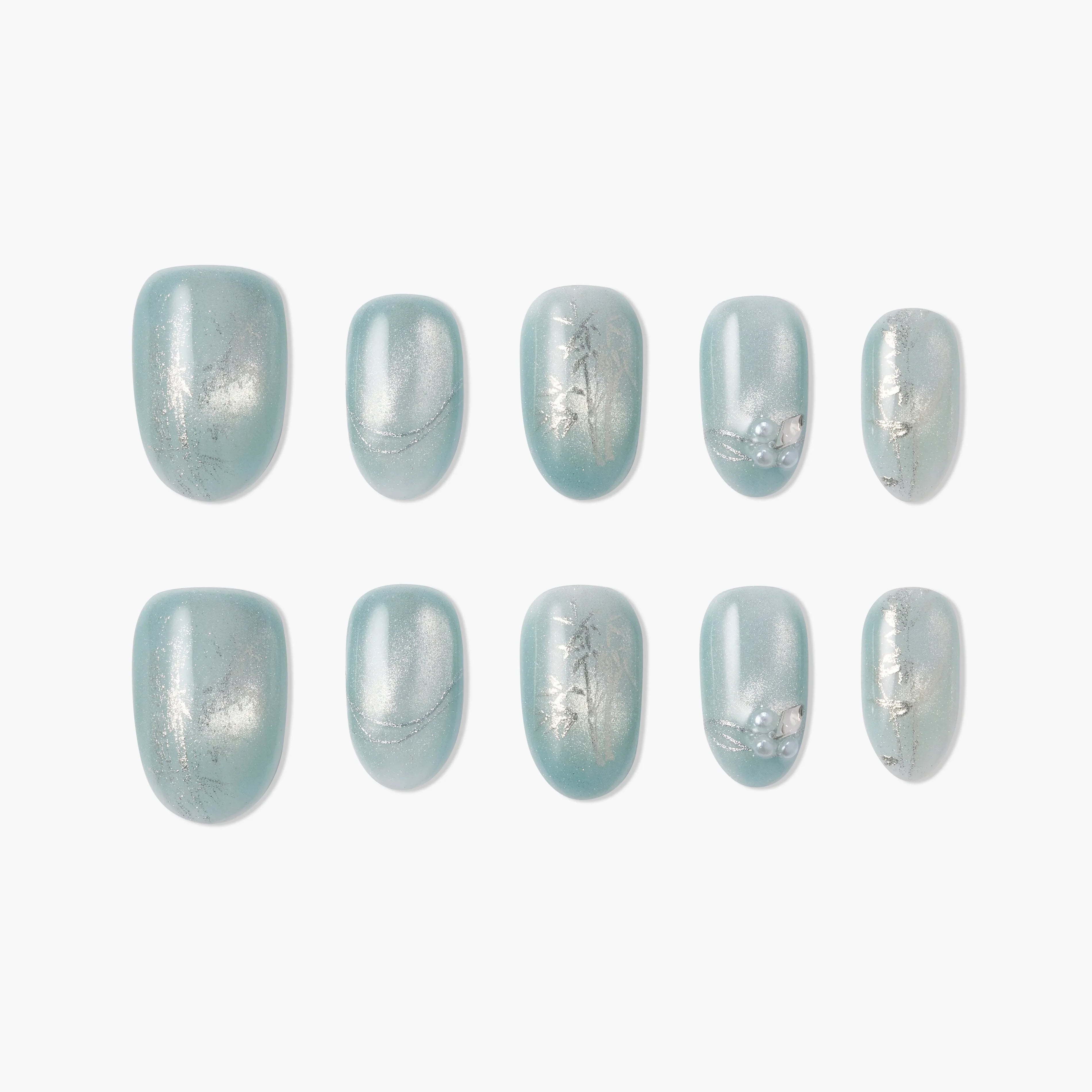 Mint green press-on nails with silver accents and pearl embellishments, set of ten