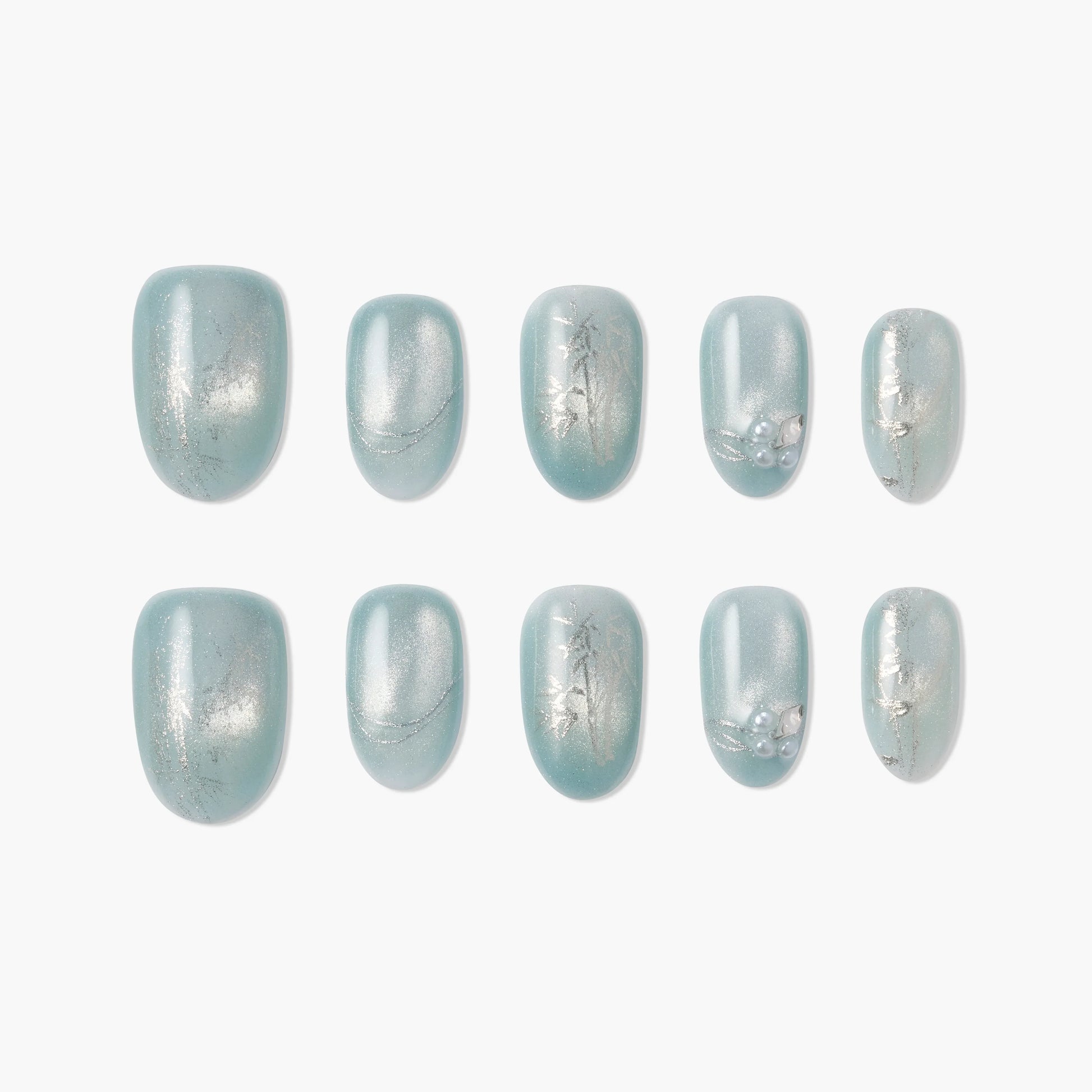 Mint green press-on nails with silver accents and pearl embellishments, set of ten