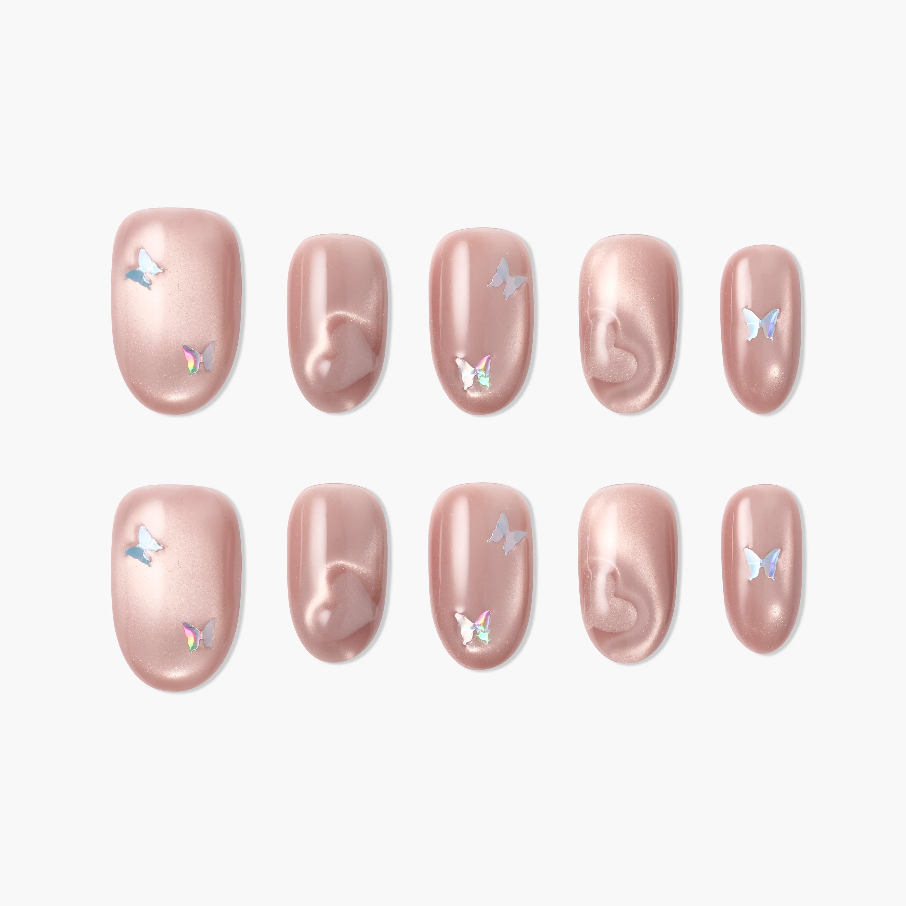 Glossy pink press-on nails with iridescent butterfly accents and marble swirl patterns