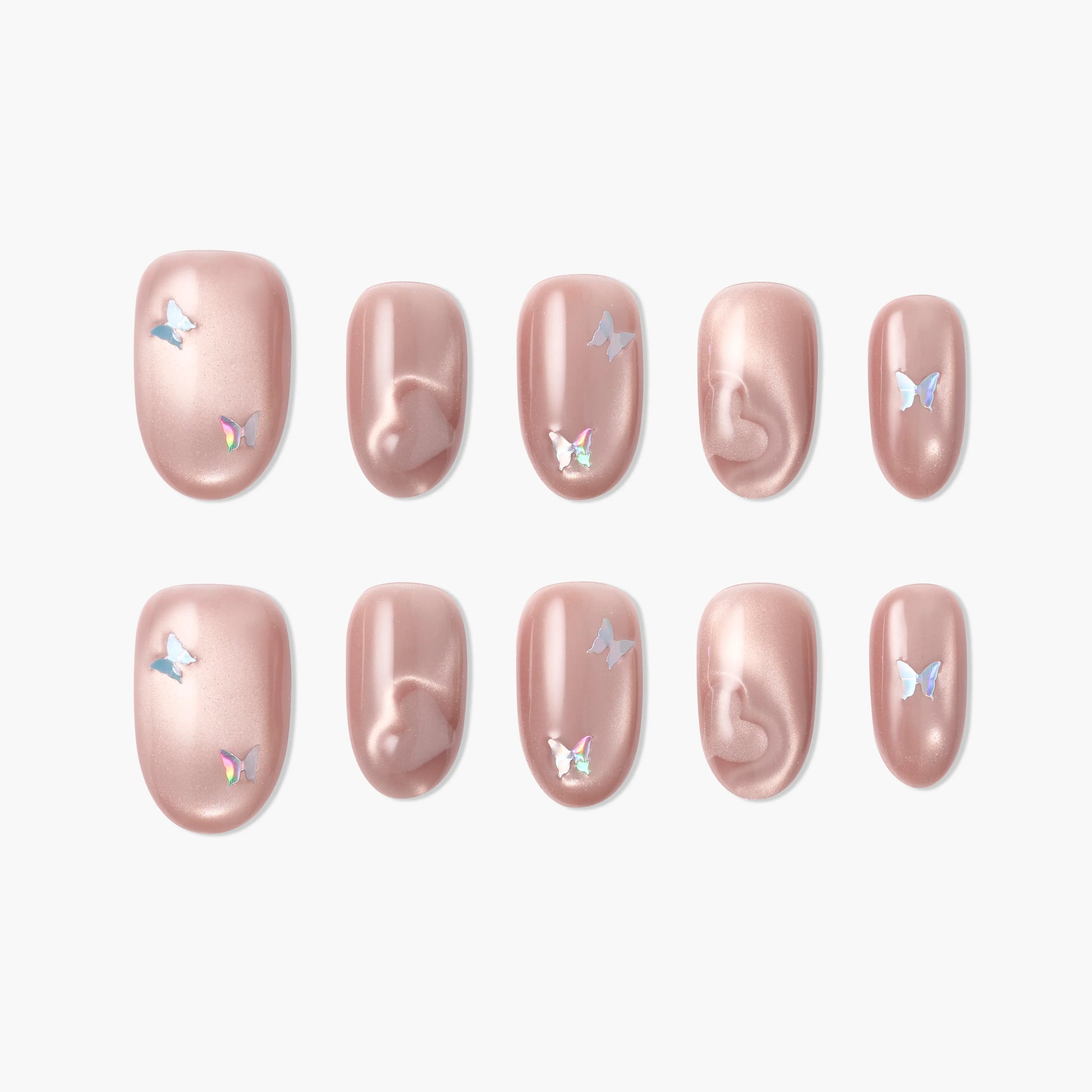 Glossy pink press-on nails with iridescent butterfly accents and marble swirl patterns