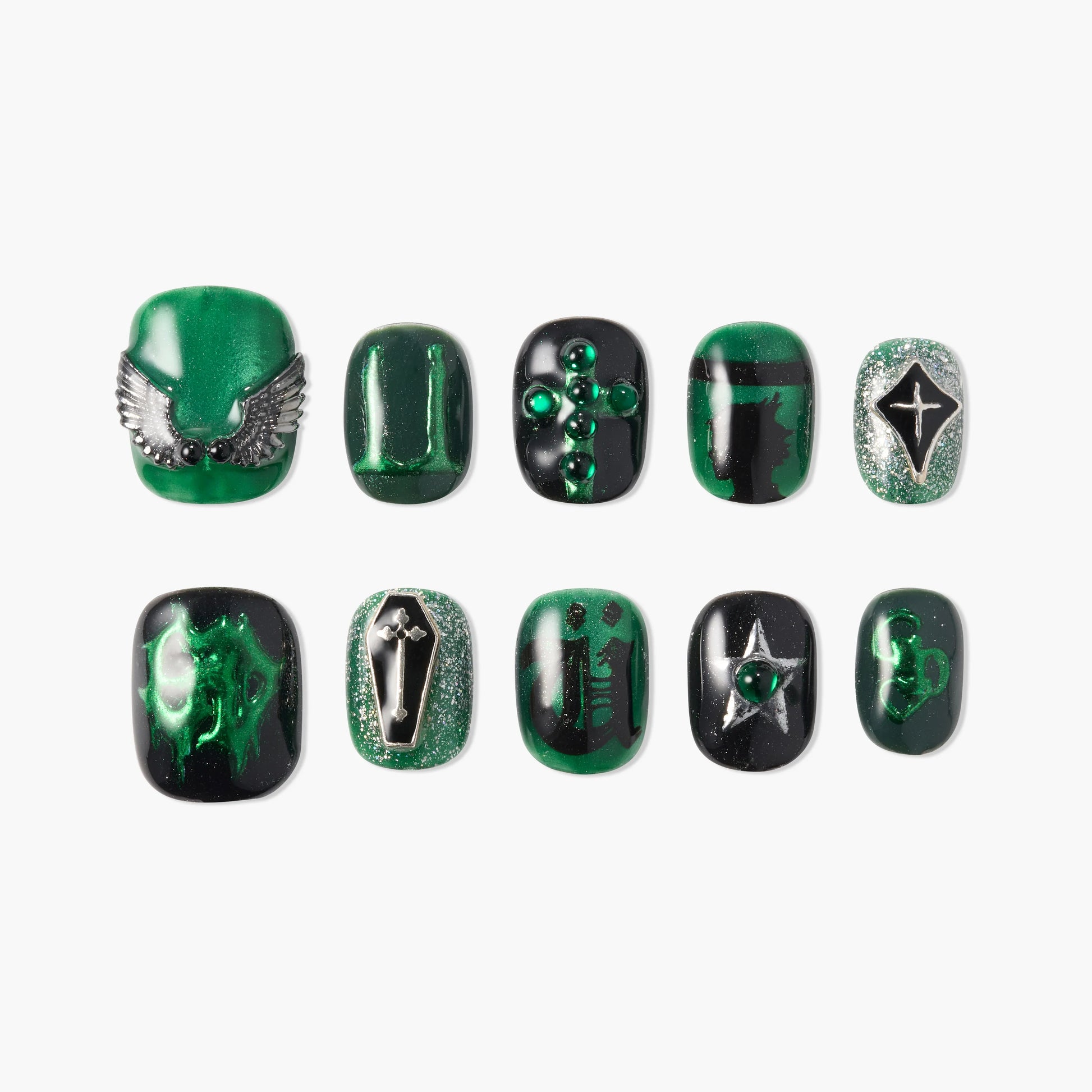 Handmade press-on nails set with green and black gothic designs, silver accents, and unique 3D details.