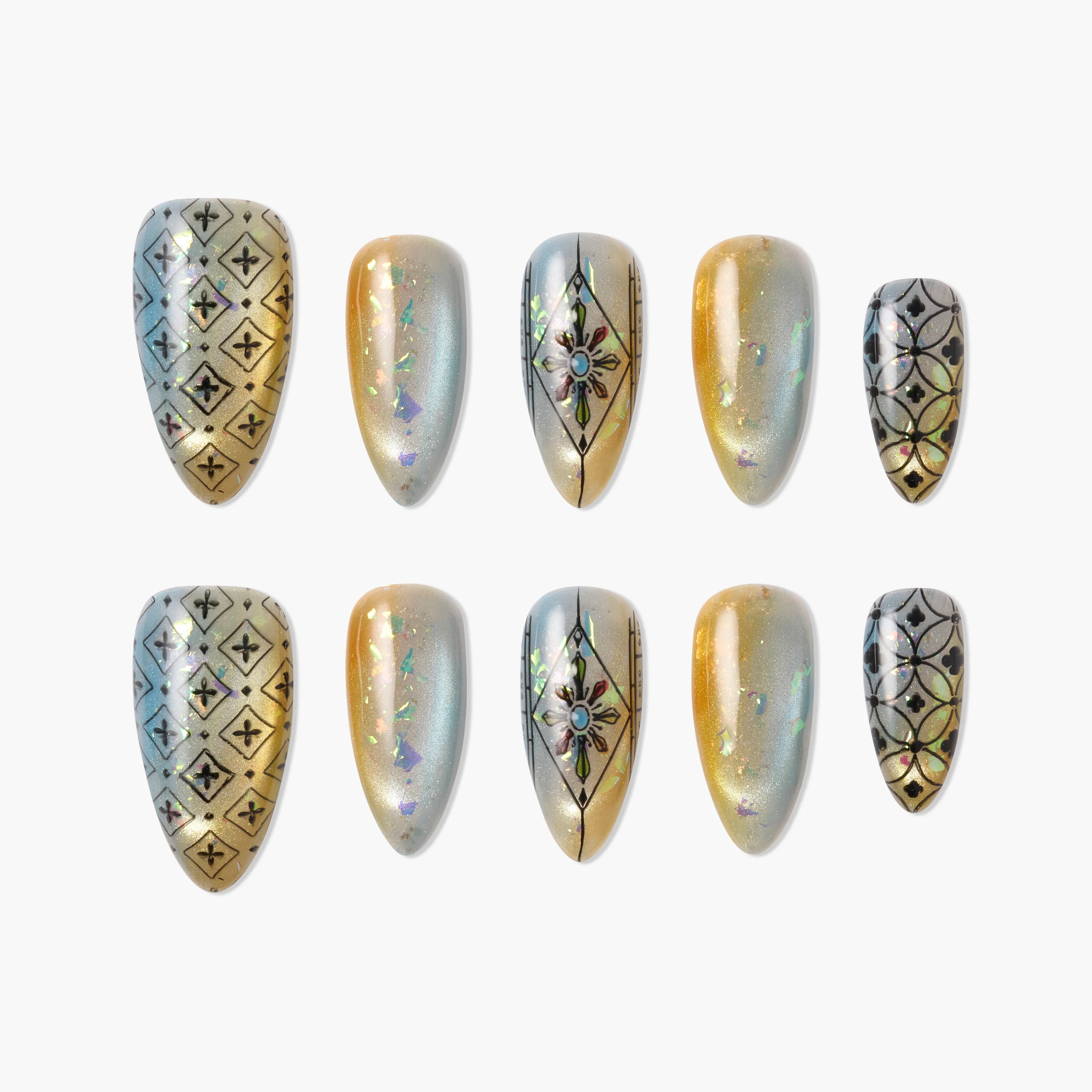 Handmade press-on nails with gold, silver gradient, black geometric and floral designs