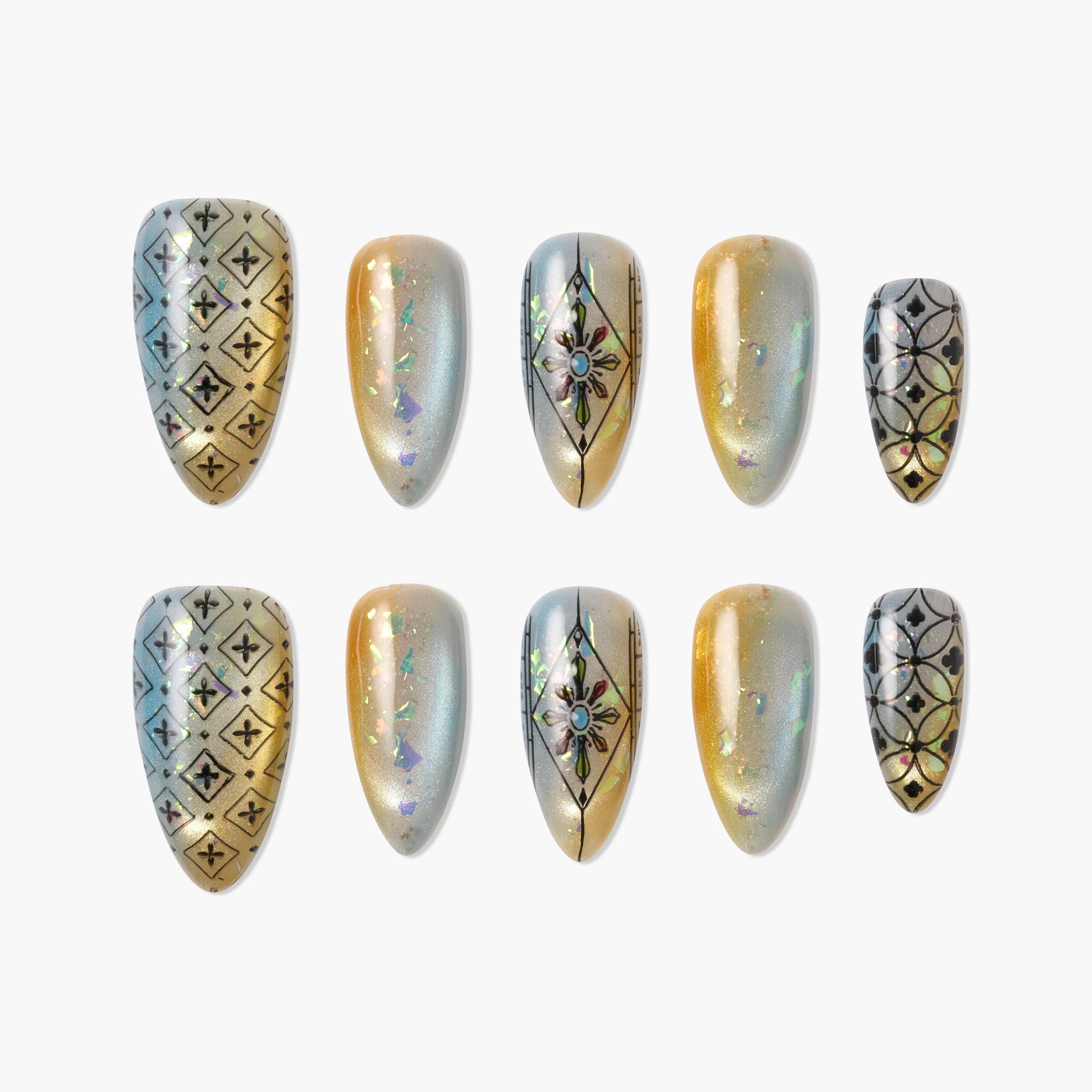 Handmade press-on nails with gold, silver gradient, black geometric and floral designs
