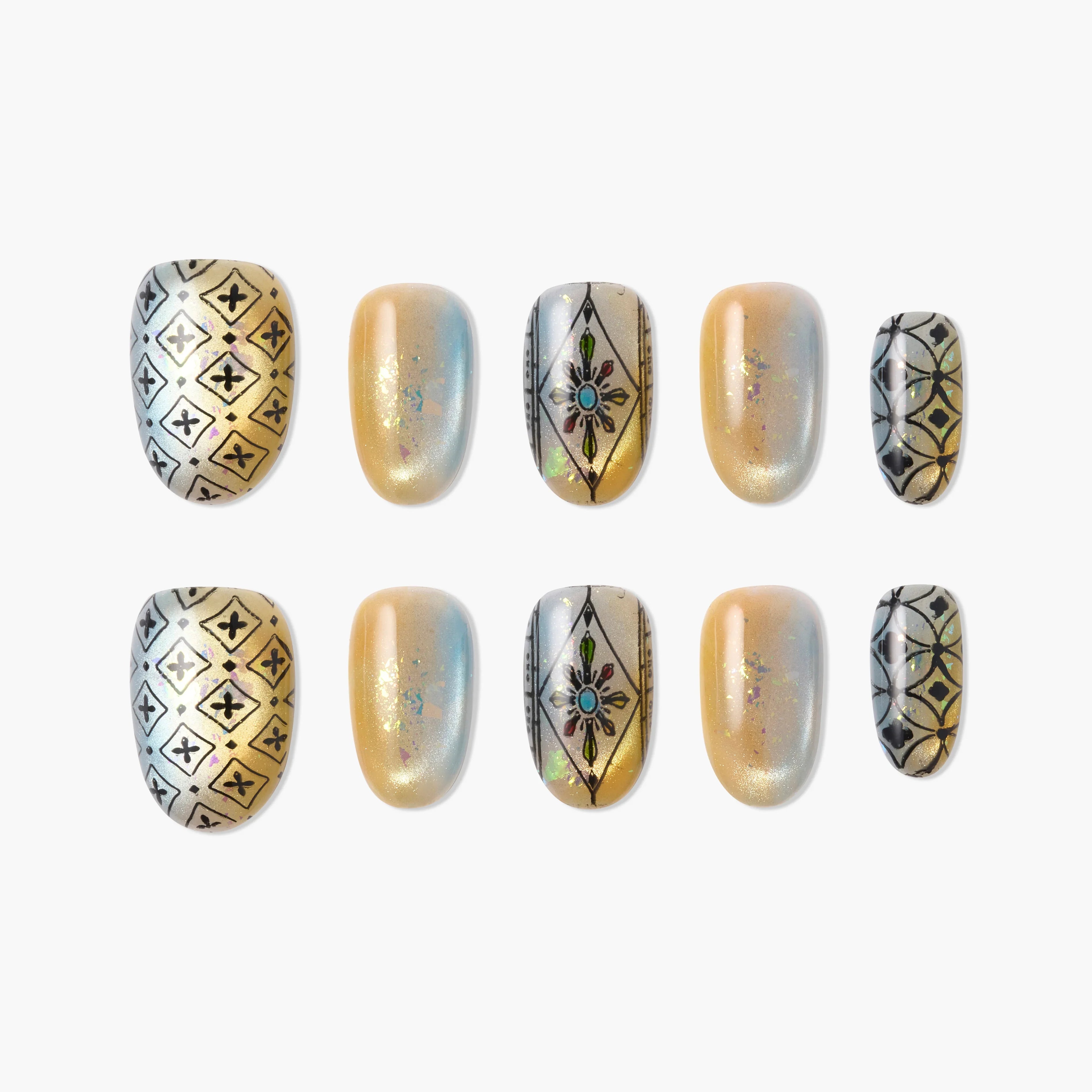 Handmade press-on nails in gold with geometric and floral designs, iridescent shimmer finish