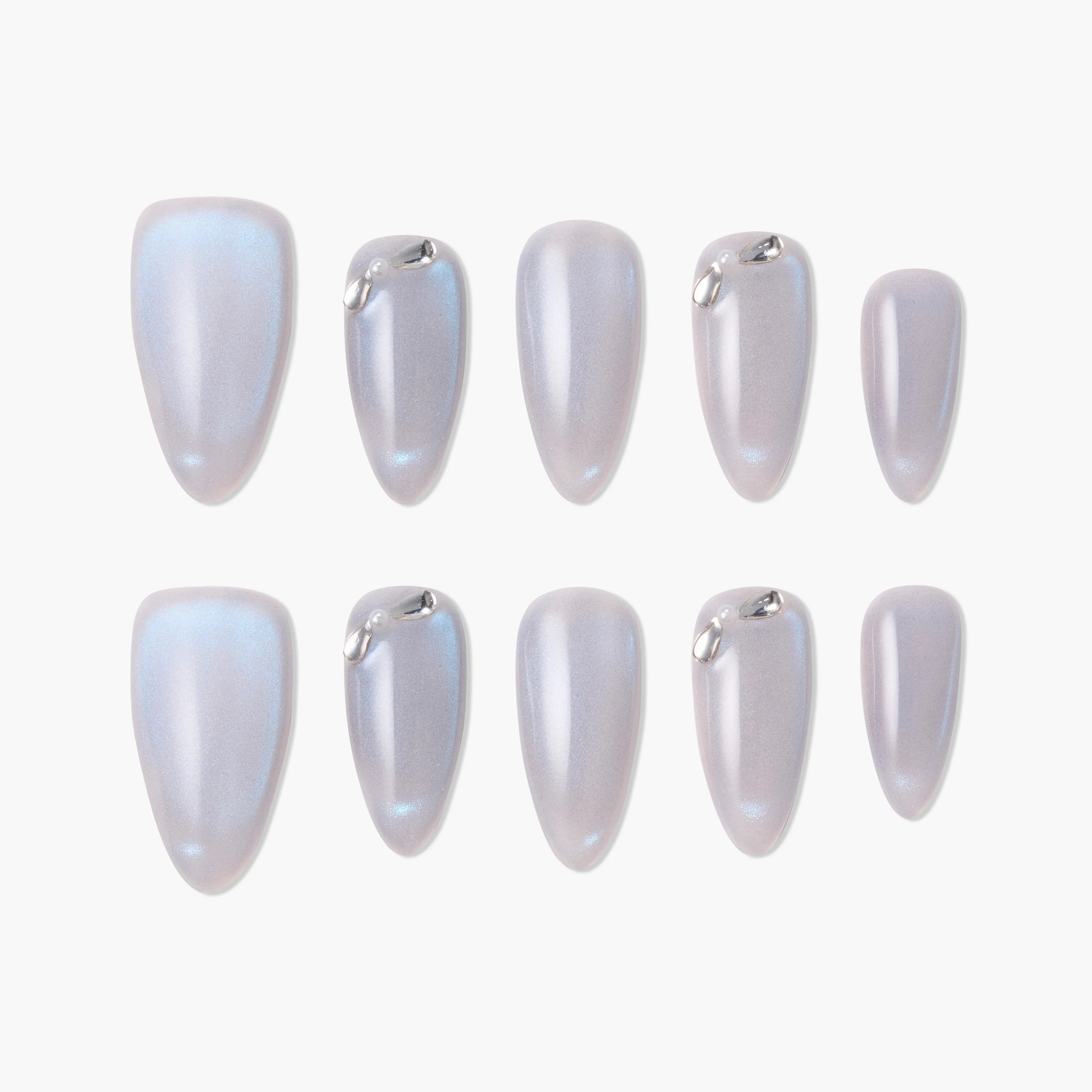 Iridescent silver press-on nails set with chrome accent details, arranged on white background