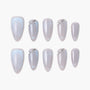 Iridescent silver press-on nails set with chrome accent details, arranged on white background