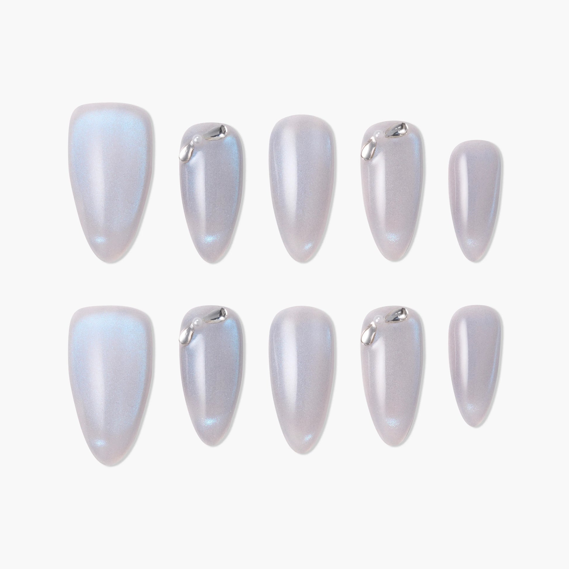 Iridescent silver press-on nails set with chrome accent details, arranged on white background