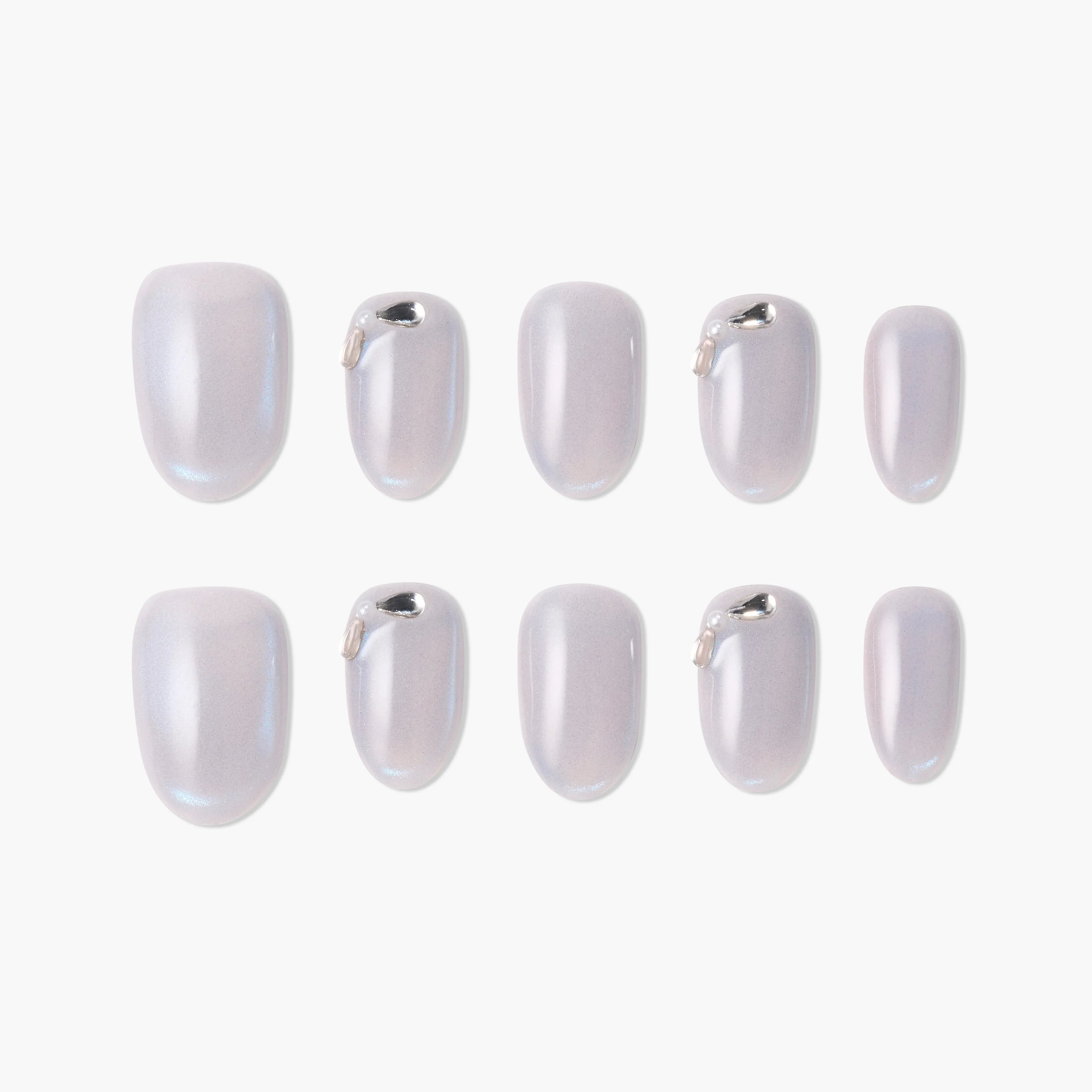 Handmade iridescent press-on nails set with pearl and metallic accents, neutral gray tones