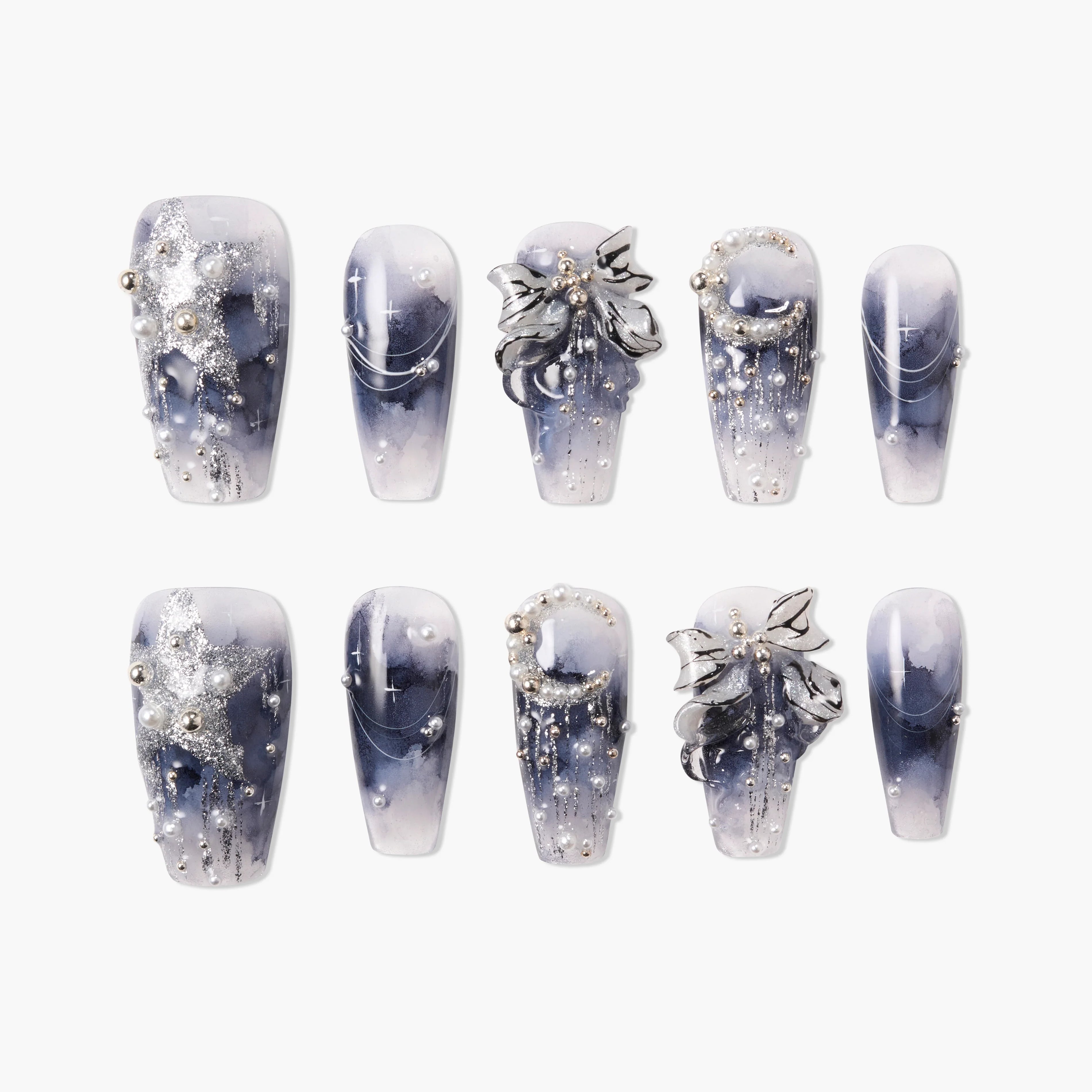 Handmade press-on nails with blue marble design, silver glitter, 3D bows, stars, and pearl accents