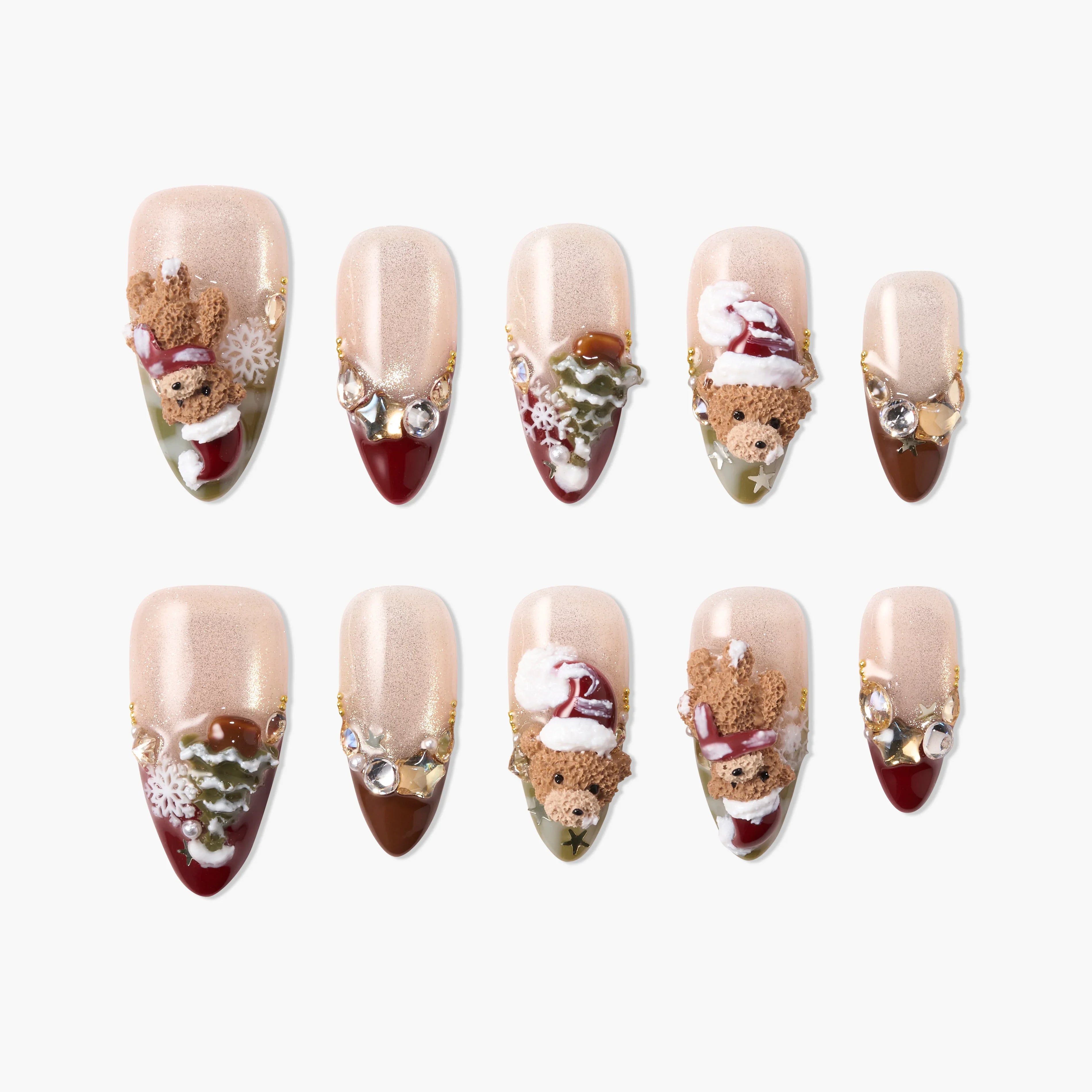 Handmade press-on nails with Christmas teddy bear, Santa hat, snowflake, and gem designs