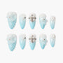 Blue and white ombre press-on nails with pearl and rhinestone 3D embellishments
