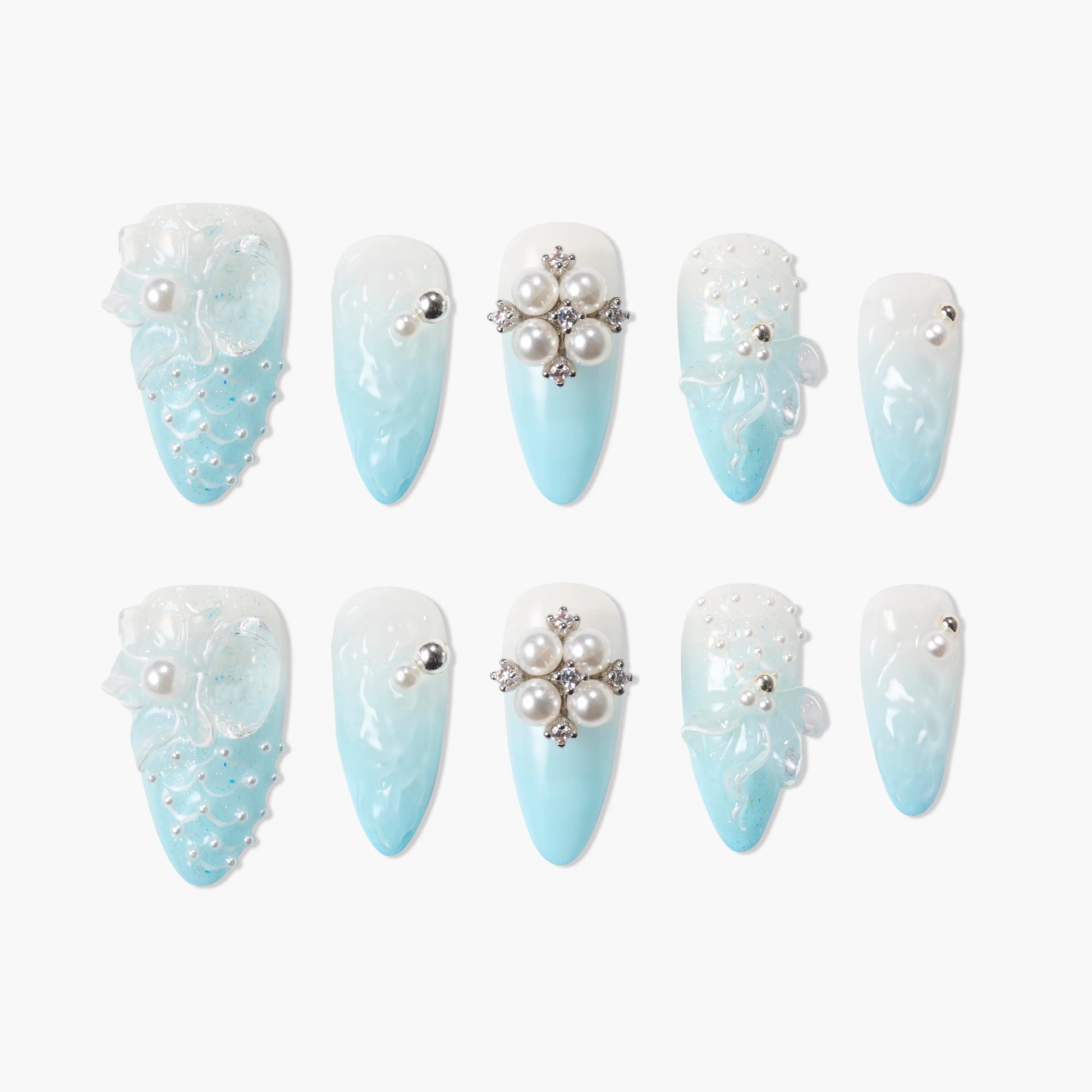 Blue and white ombre press-on nails with pearl and rhinestone 3D embellishments