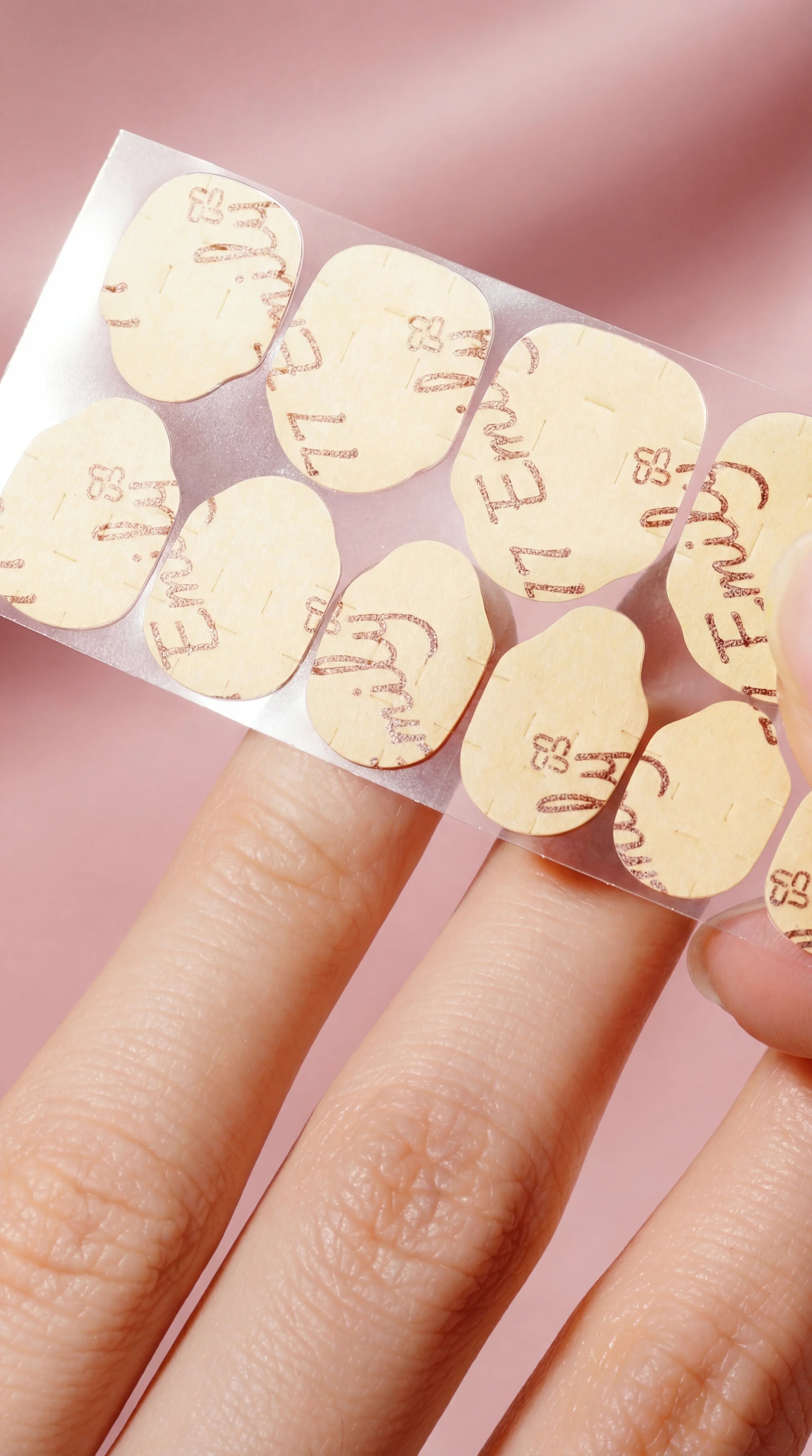 Hand holding sheet of adhesive nail tabs for press-on nails against pink background