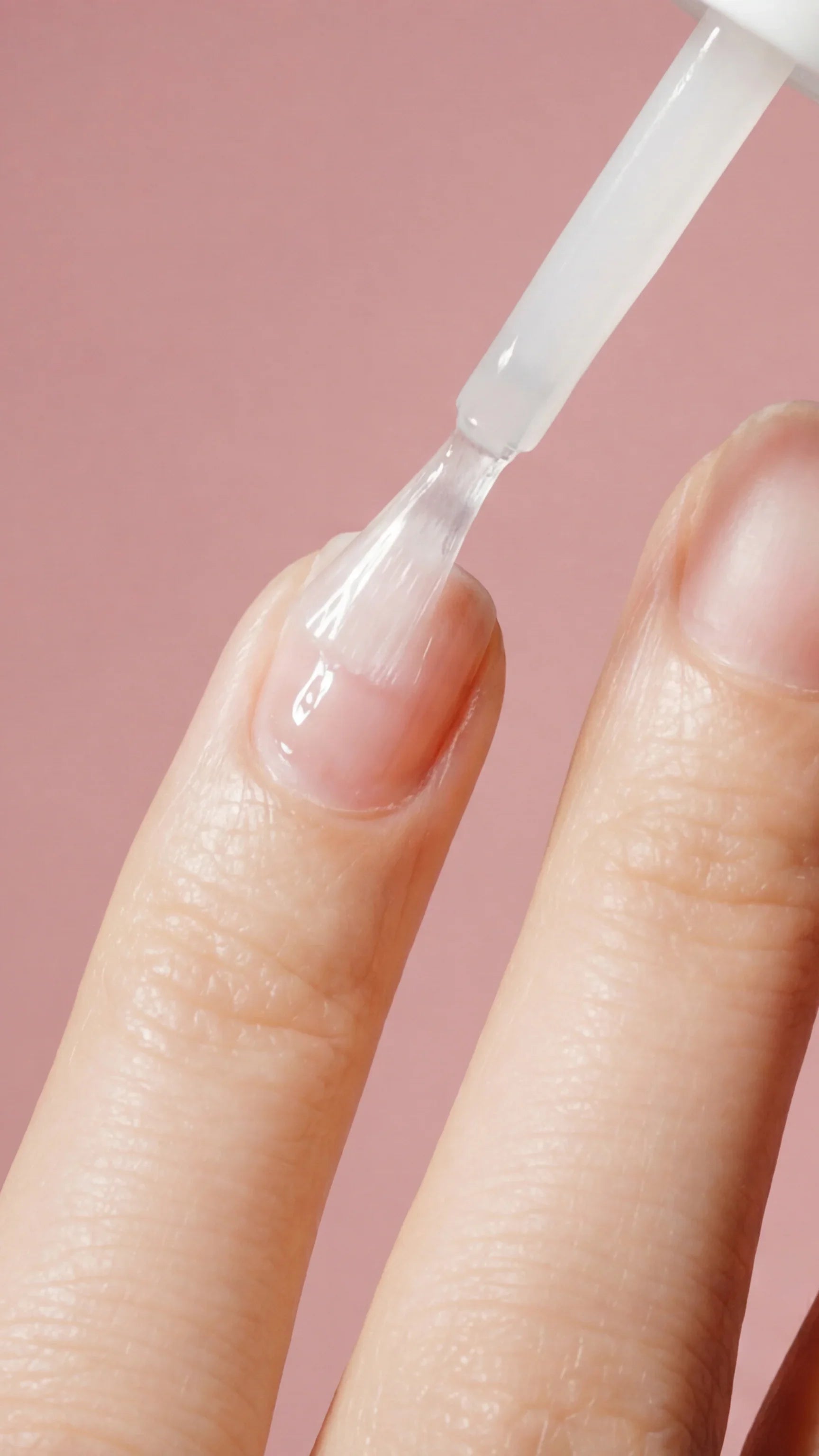 Applying clear nail polish to fingernail, manicure preparation on pink background