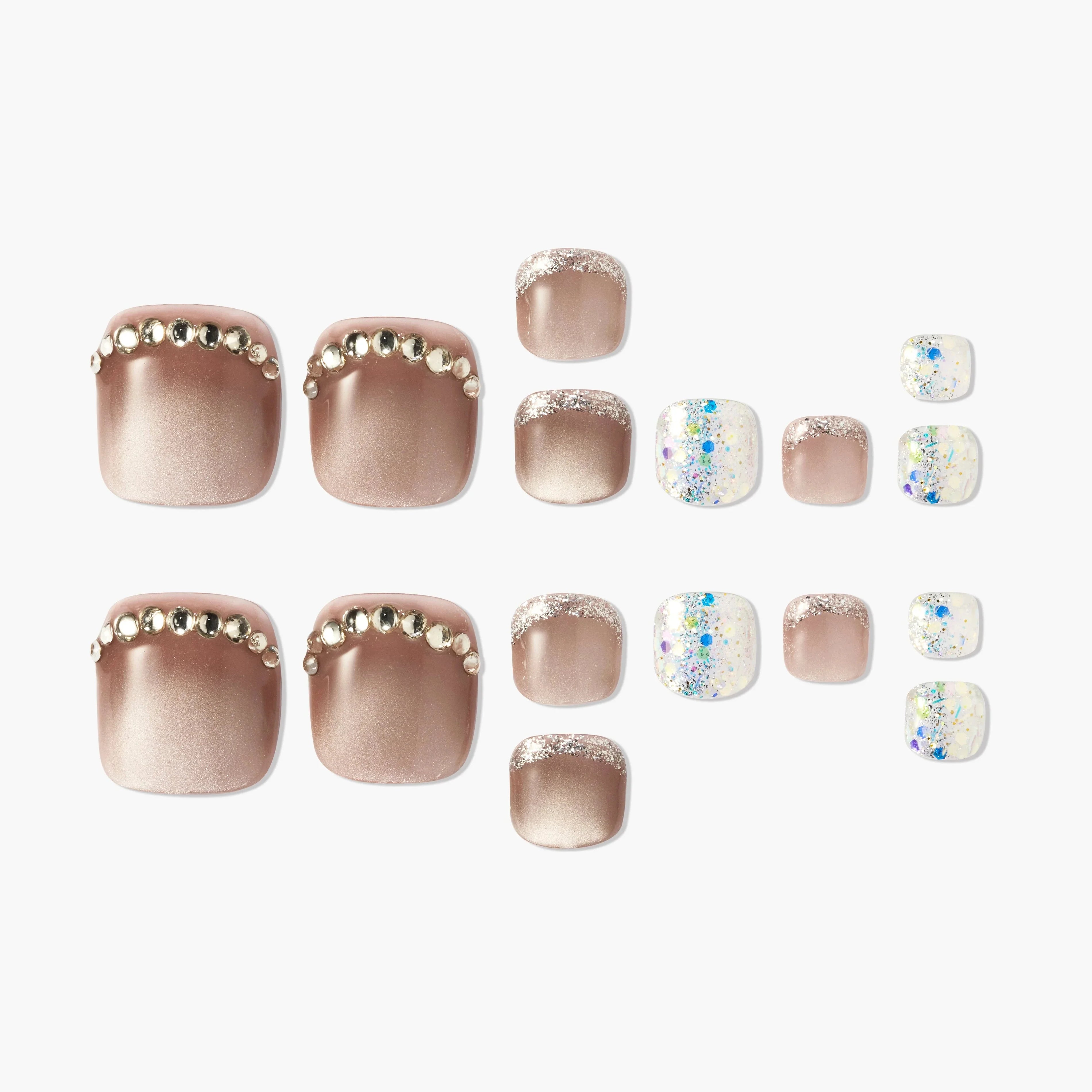 Set of press-on toenails with nude ombre, rhinestones, glitter, and confetti designs